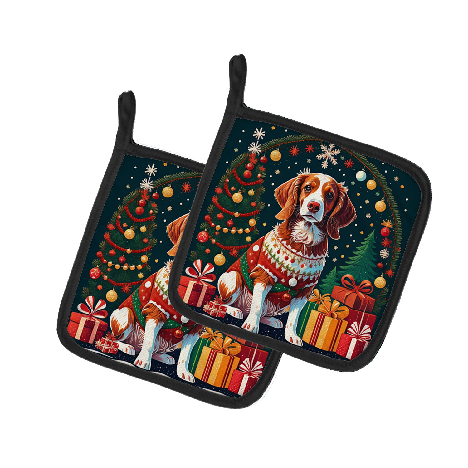 Brittany Spaniel Christmas Pair of Pot Holders Kitchen Heat Resistant Pot Holders Sets Oven Hot Pads for Cooking Baking BBQ, 7 1/2 x 7 1/2