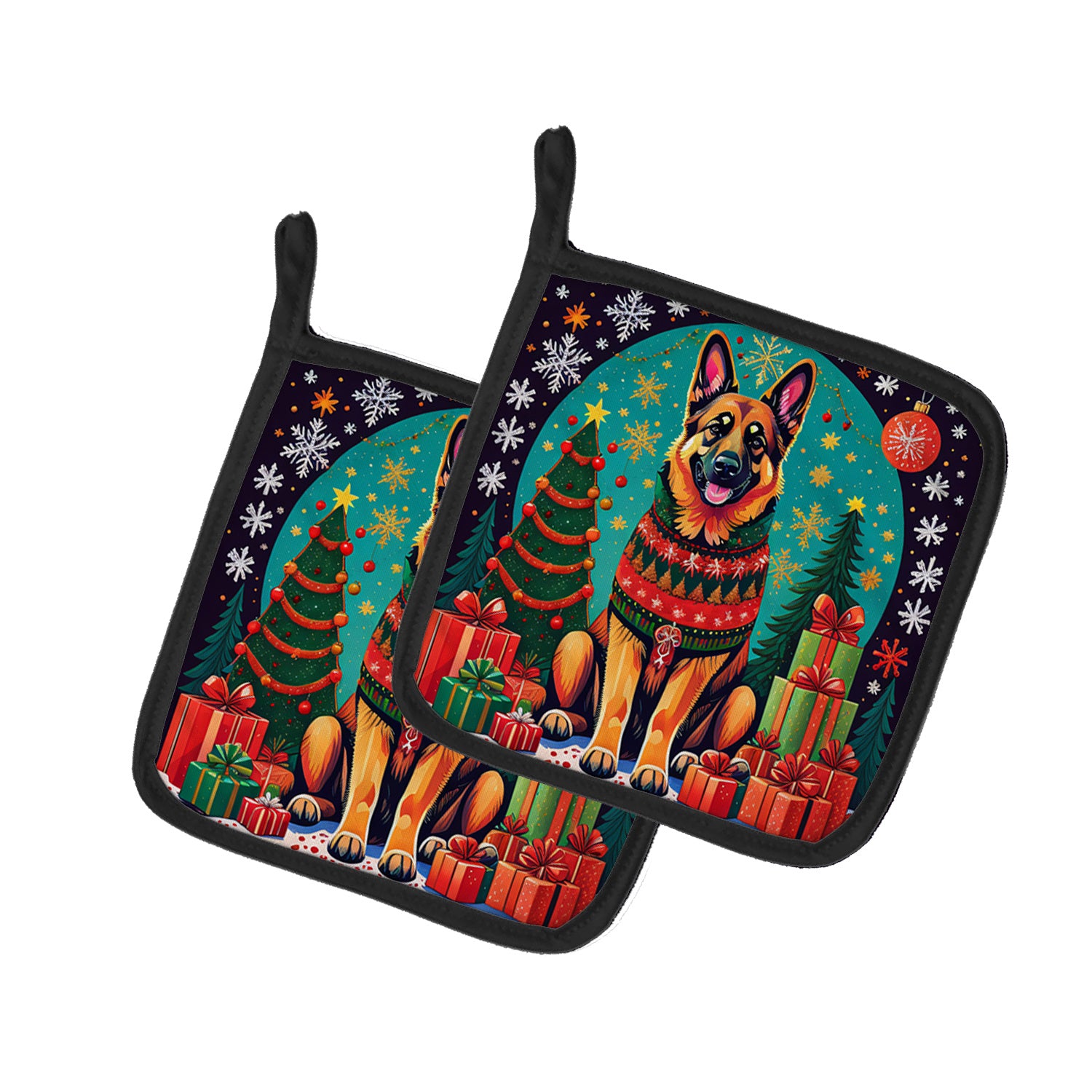 German Shepherd Christmas Pair of Pot Holders Kitchen Heat Resistant Pot Holders Sets Oven Hot Pads for Cooking Baking BBQ, 7 1/2 x 7 1/2