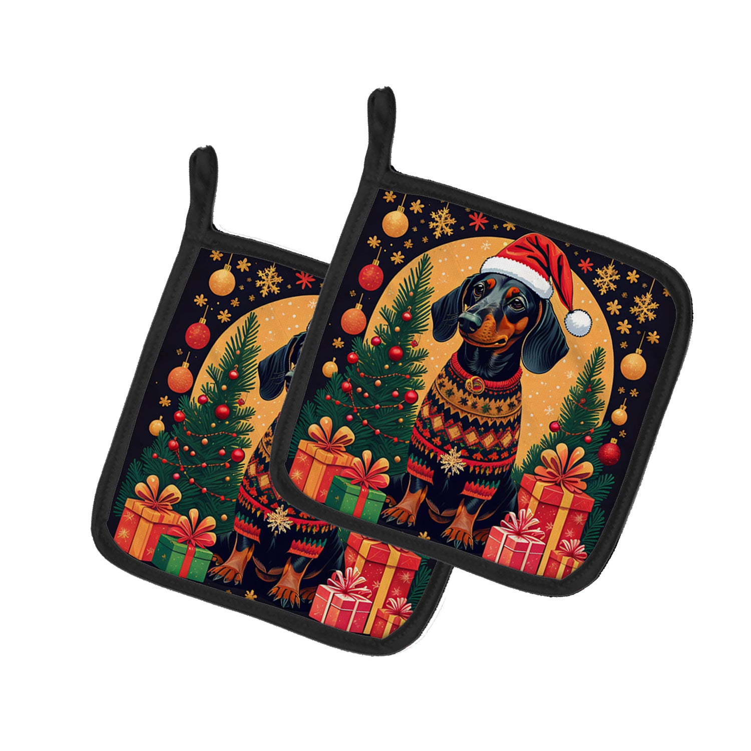 Black and Tan Dachshund Christmas Pair of Pot Holders Kitchen Heat Resistant Pot Holders Sets Oven Hot Pads for Cooking Baking BBQ, 7 1/2 x 7 1/2