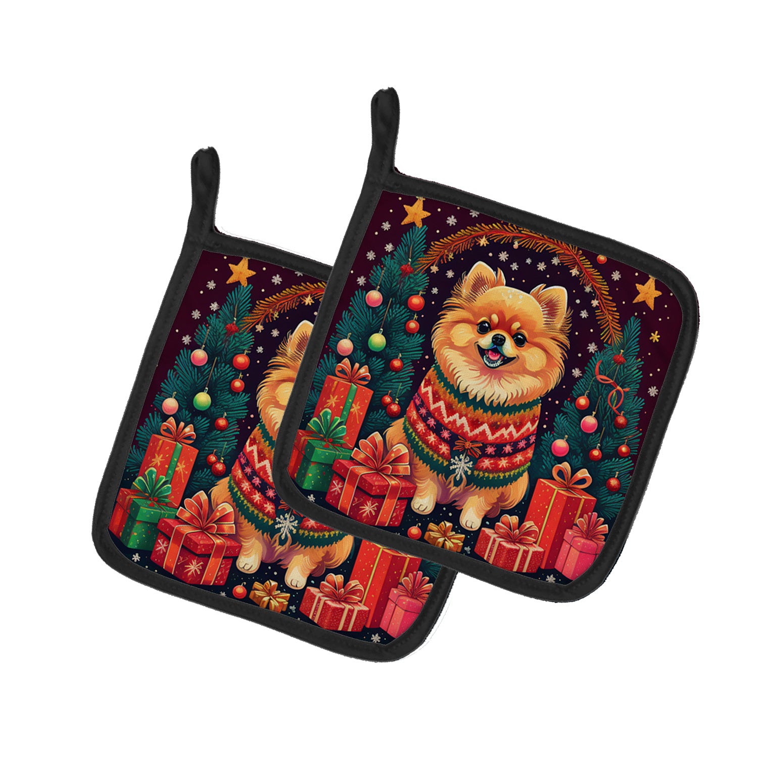 Pomeranian Christmas Pair of Pot Holders Kitchen Heat Resistant Pot Holders Sets Oven Hot Pads for Cooking Baking BBQ, 7 1/2 x 7 1/2