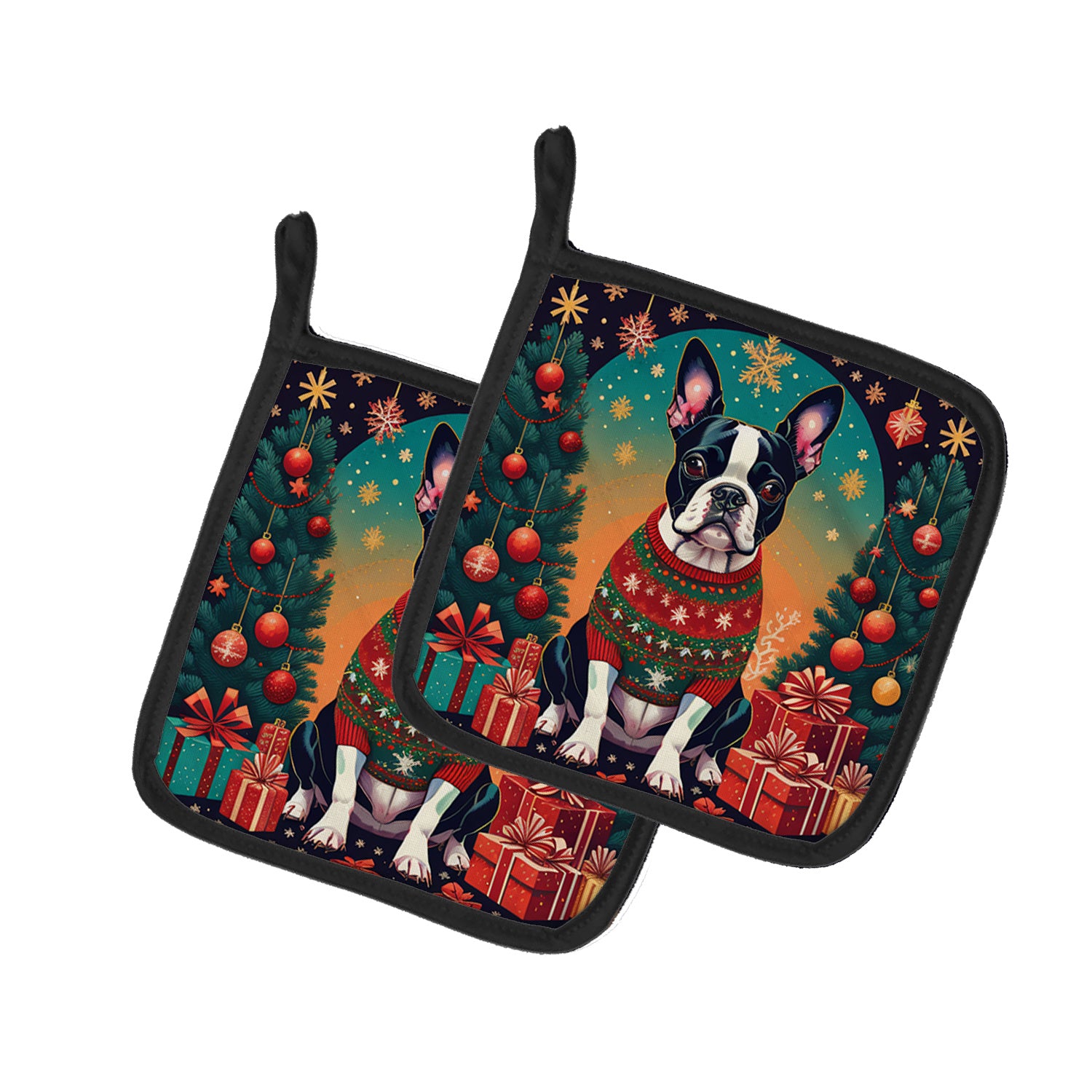 Boston Terrier Christmas Pair of Pot Holders Kitchen Heat Resistant Pot Holders Sets Oven Hot Pads for Cooking Baking BBQ, 7 1/2 x 7 1/2