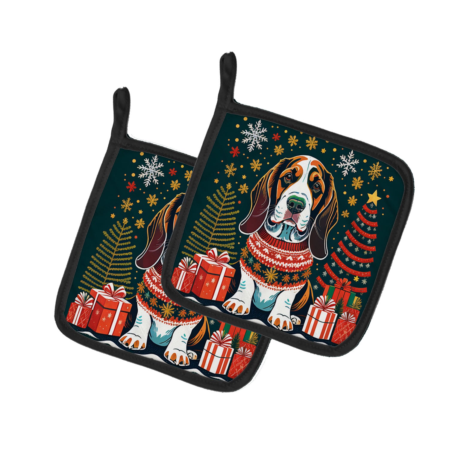 Basset Hound Christmas Pair of Pot Holders Kitchen Heat Resistant Pot Holders Sets Oven Hot Pads for Cooking Baking BBQ, 7 1/2 x 7 1/2