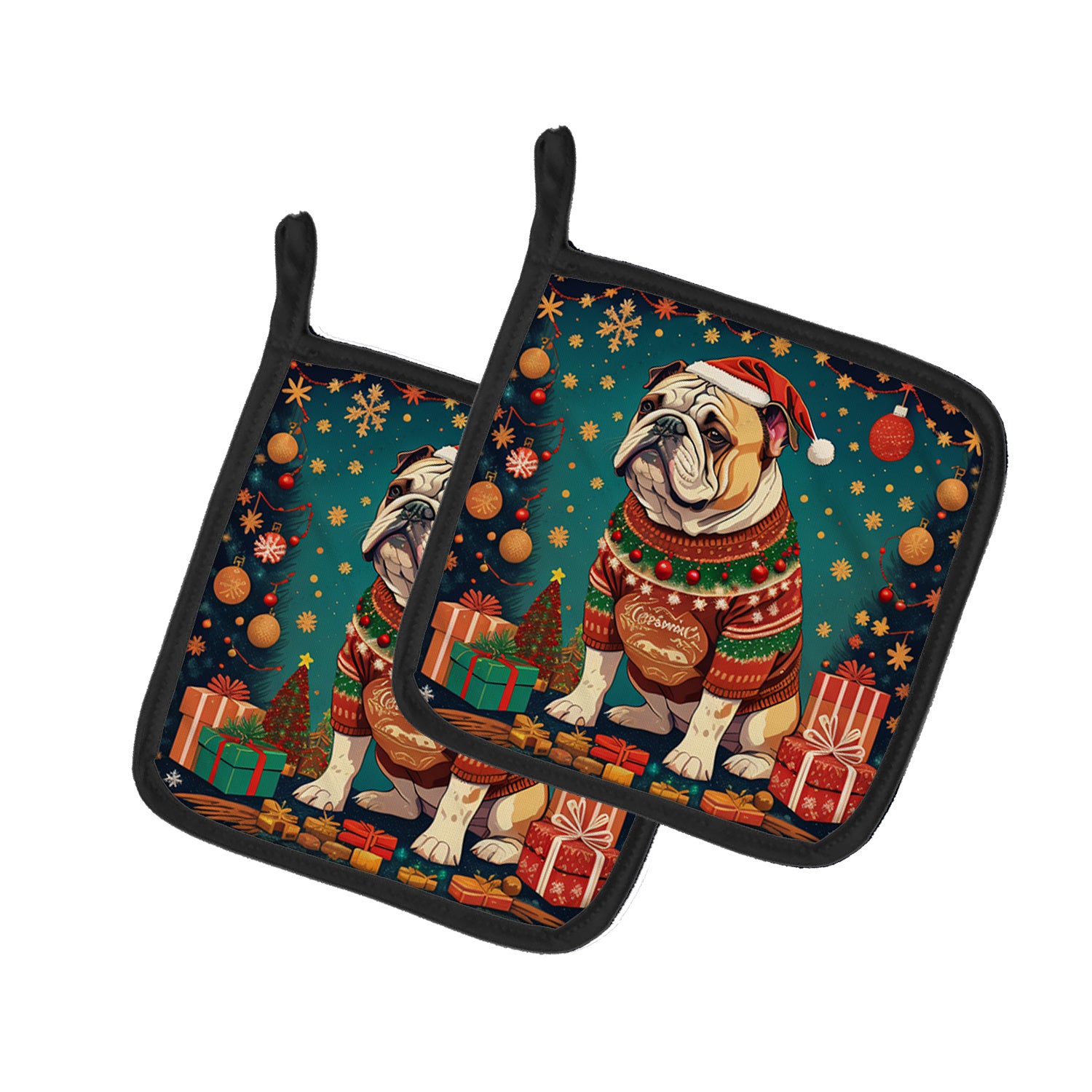 English Bulldog Christmas Pair of Pot Holders Kitchen Heat Resistant Pot Holders Sets Oven Hot Pads for Cooking Baking BBQ, 7 1/2 x 7 1/2