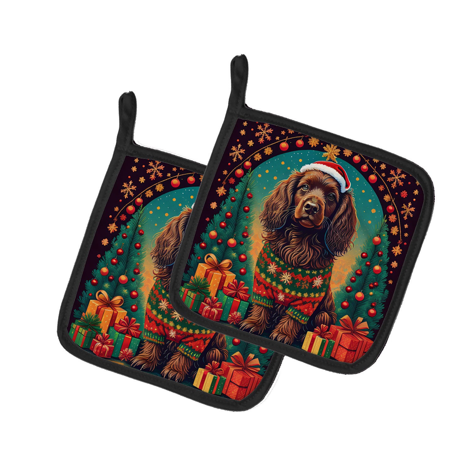 Boykin Spaniel Christmas Pair of Pot Holders Kitchen Heat Resistant Pot Holders Sets Oven Hot Pads for Cooking Baking BBQ, 7 1/2 x 7 1/2