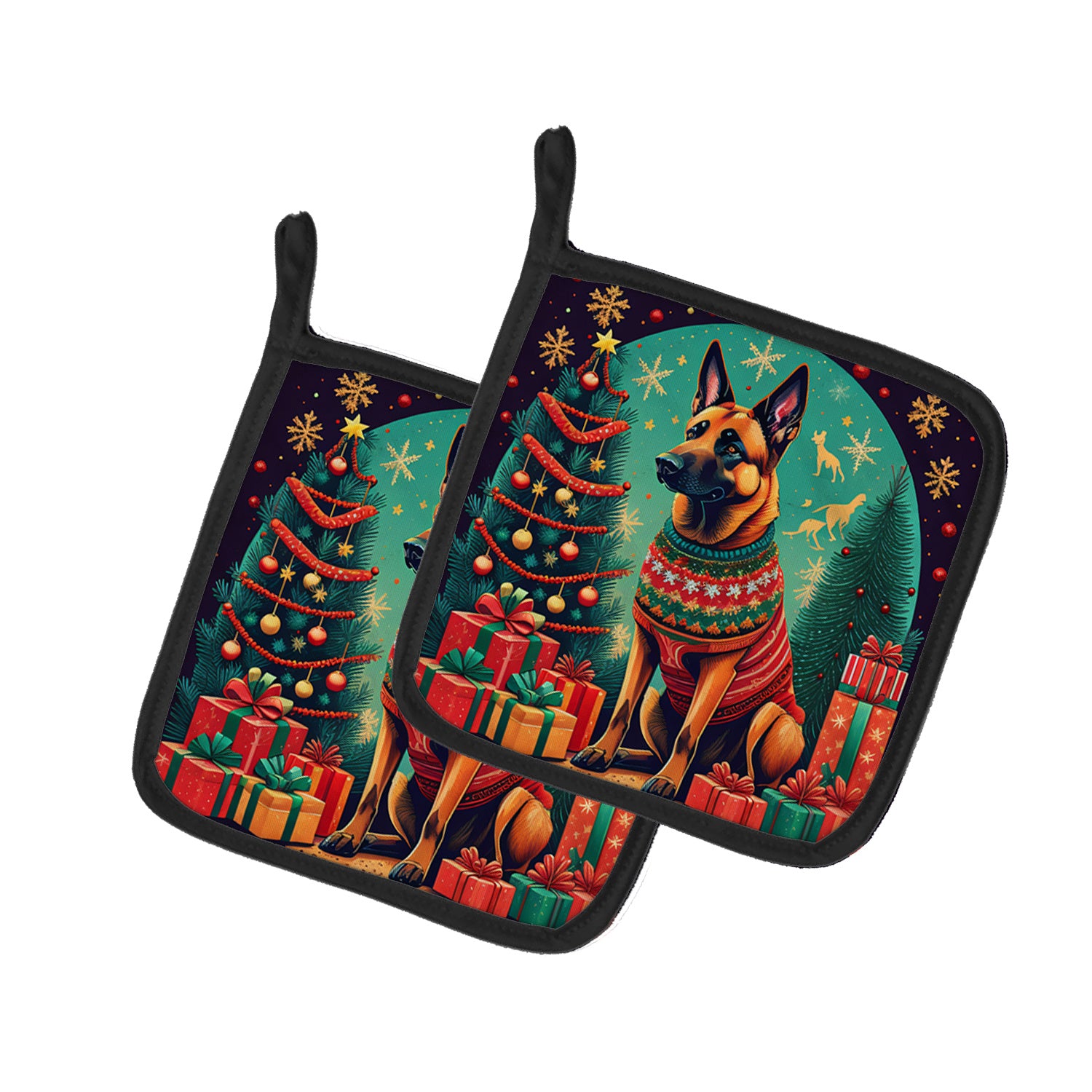 Belgian Malinois Christmas Pair of Pot Holders Kitchen Heat Resistant Pot Holders Sets Oven Hot Pads for Cooking Baking BBQ, 7 1/2 x 7 1/2