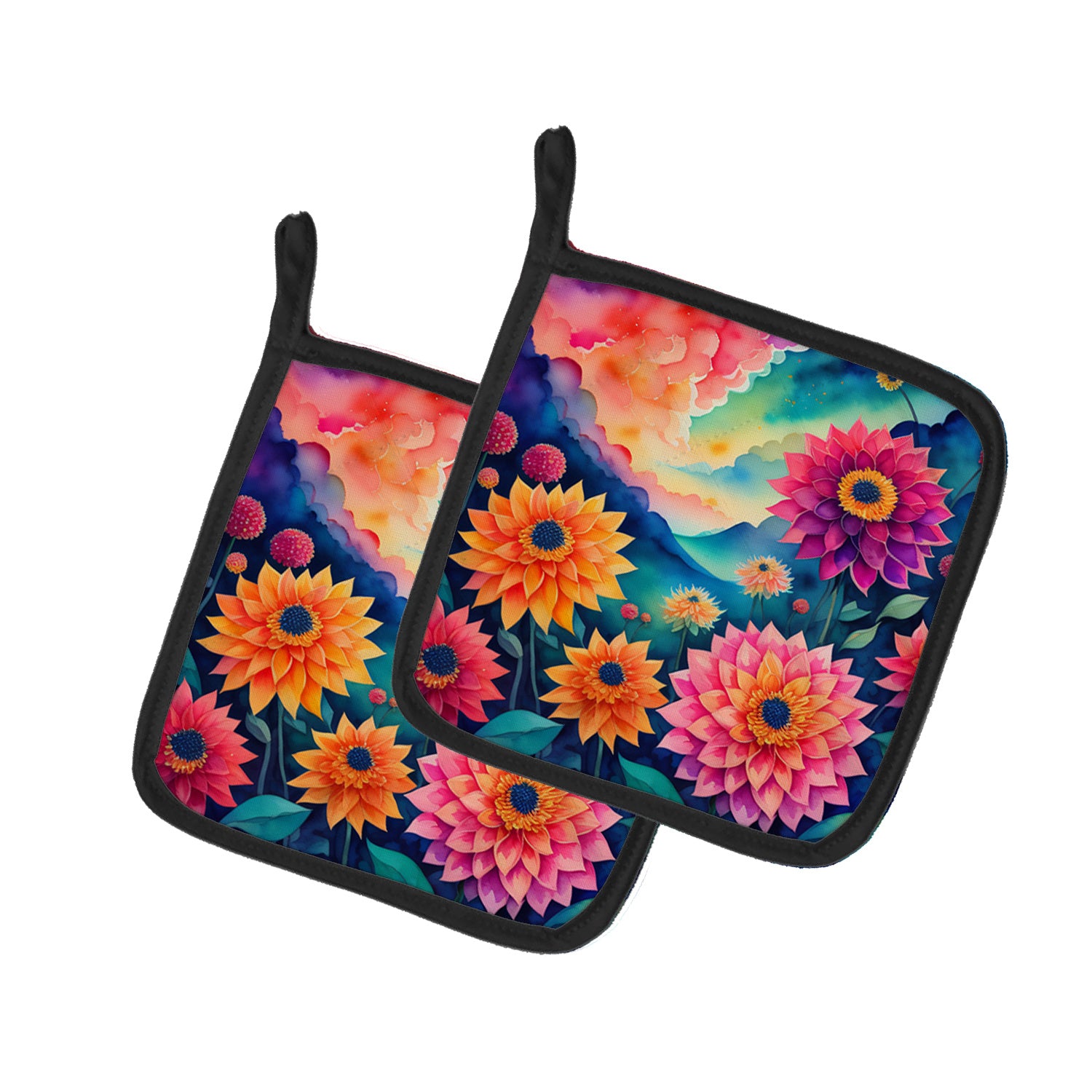 Colorful Dahlias Pair of Pot Holders Kitchen Heat Resistant Pot Holders Sets Oven Hot Pads for Cooking Baking BBQ, 7 1/2 x 7 1/2