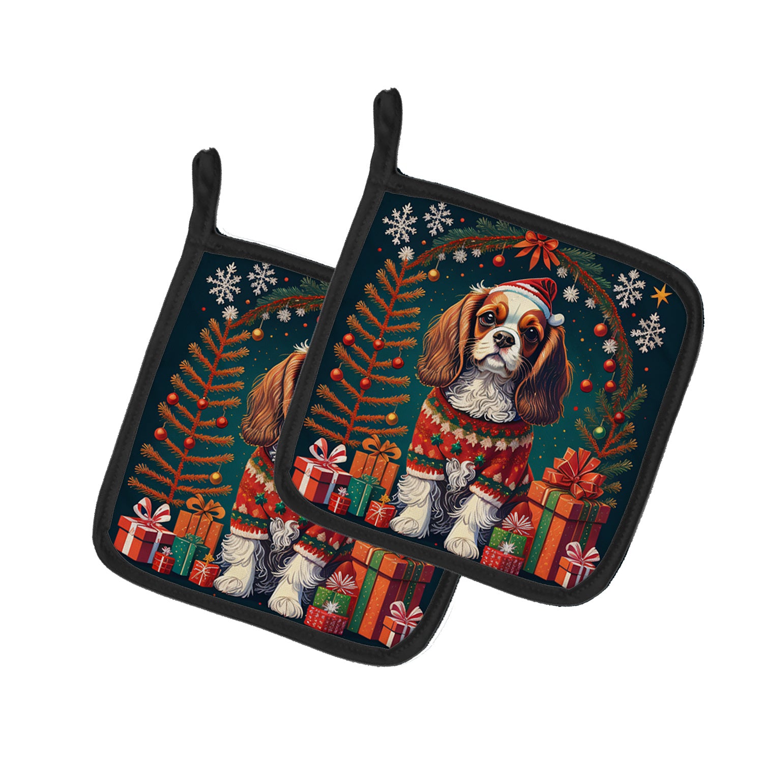 Cavalier King Charles Spaniel Christmas Pair of Pot Holders Kitchen Heat Resistant Pot Holders Sets Oven Hot Pads for Cooking Baking BBQ, 7 1/2 x 7 1/2