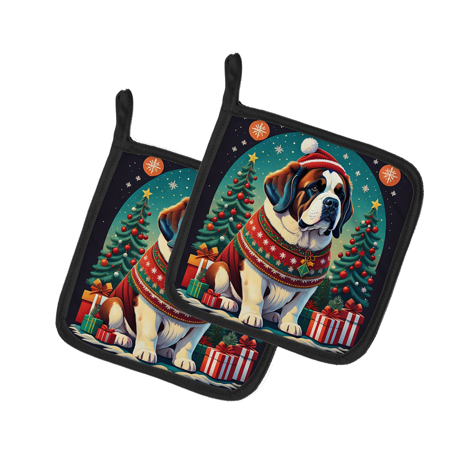 Saint Bernard Christmas Pair of Pot Holders Kitchen Heat Resistant Pot Holders Sets Oven Hot Pads for Cooking Baking BBQ, 7 1/2 x 7 1/2