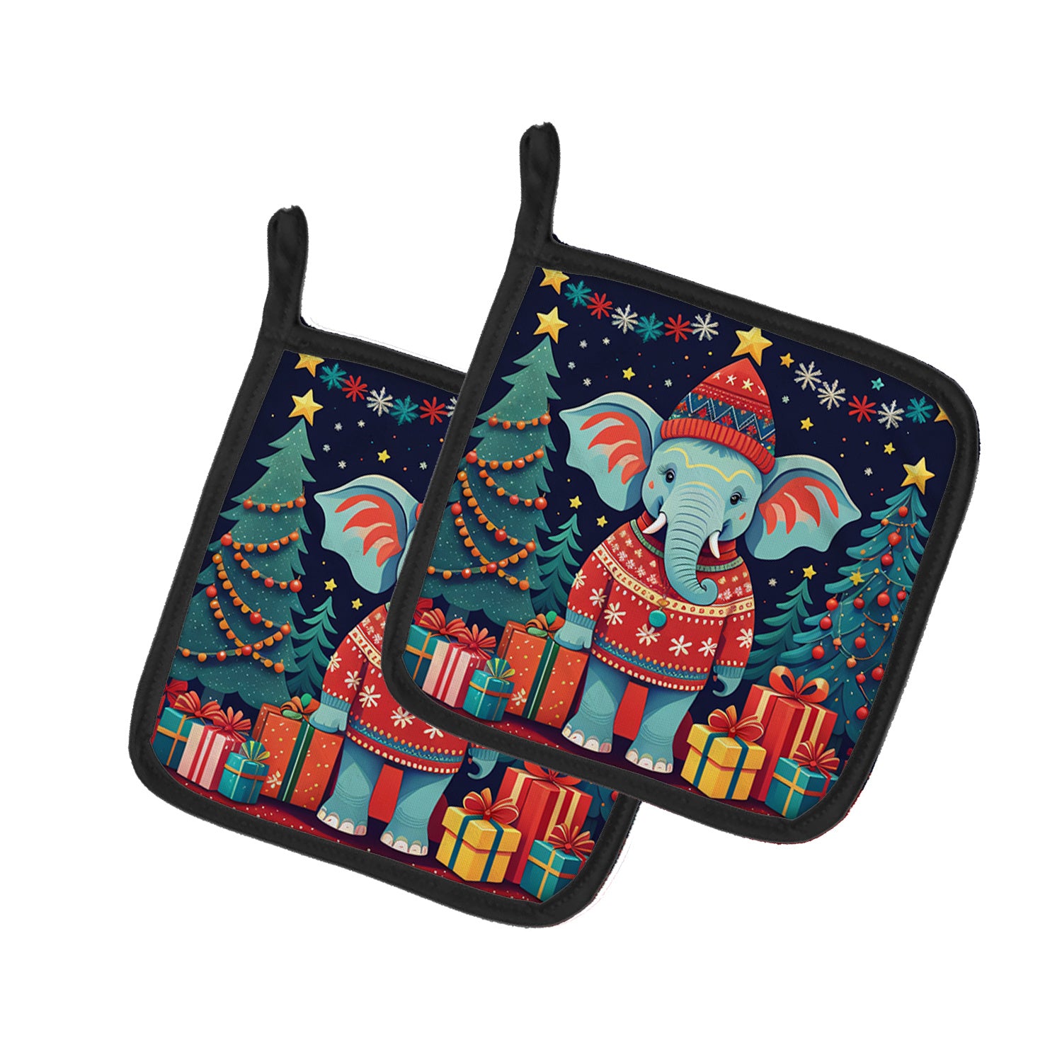 Elephant Christmas Pair of Pot Holders Kitchen Heat Resistant Pot Holders Sets Oven Hot Pads for Cooking Baking BBQ, 7 1/2 x 7 1/2