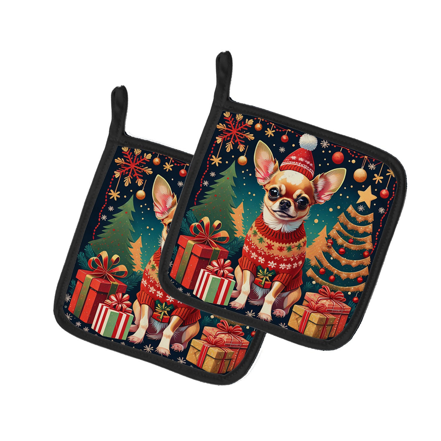 Chihuahua Christmas Pair of Pot Holders Kitchen Heat Resistant Pot Holders Sets Oven Hot Pads for Cooking Baking BBQ, 7 1/2 x 7 1/2