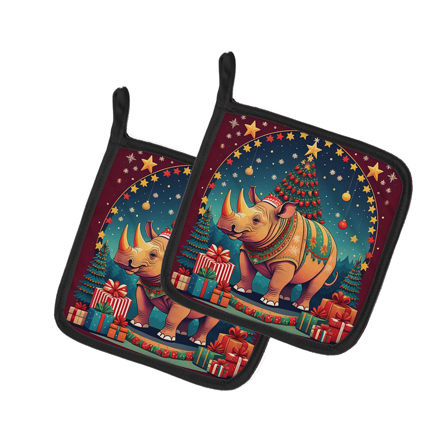 Rhinoceros Christmas Pair of Pot Holders Kitchen Heat Resistant Pot Holders Sets Oven Hot Pads for Cooking Baking BBQ, 7 1/2 x 7 1/2