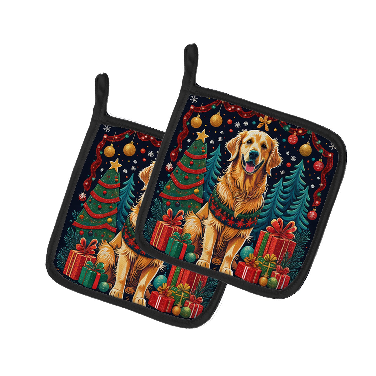 Golden Retriever Christmas Pair of Pot Holders Kitchen Heat Resistant Pot Holders Sets Oven Hot Pads for Cooking Baking BBQ, 7 1/2 x 7 1/2