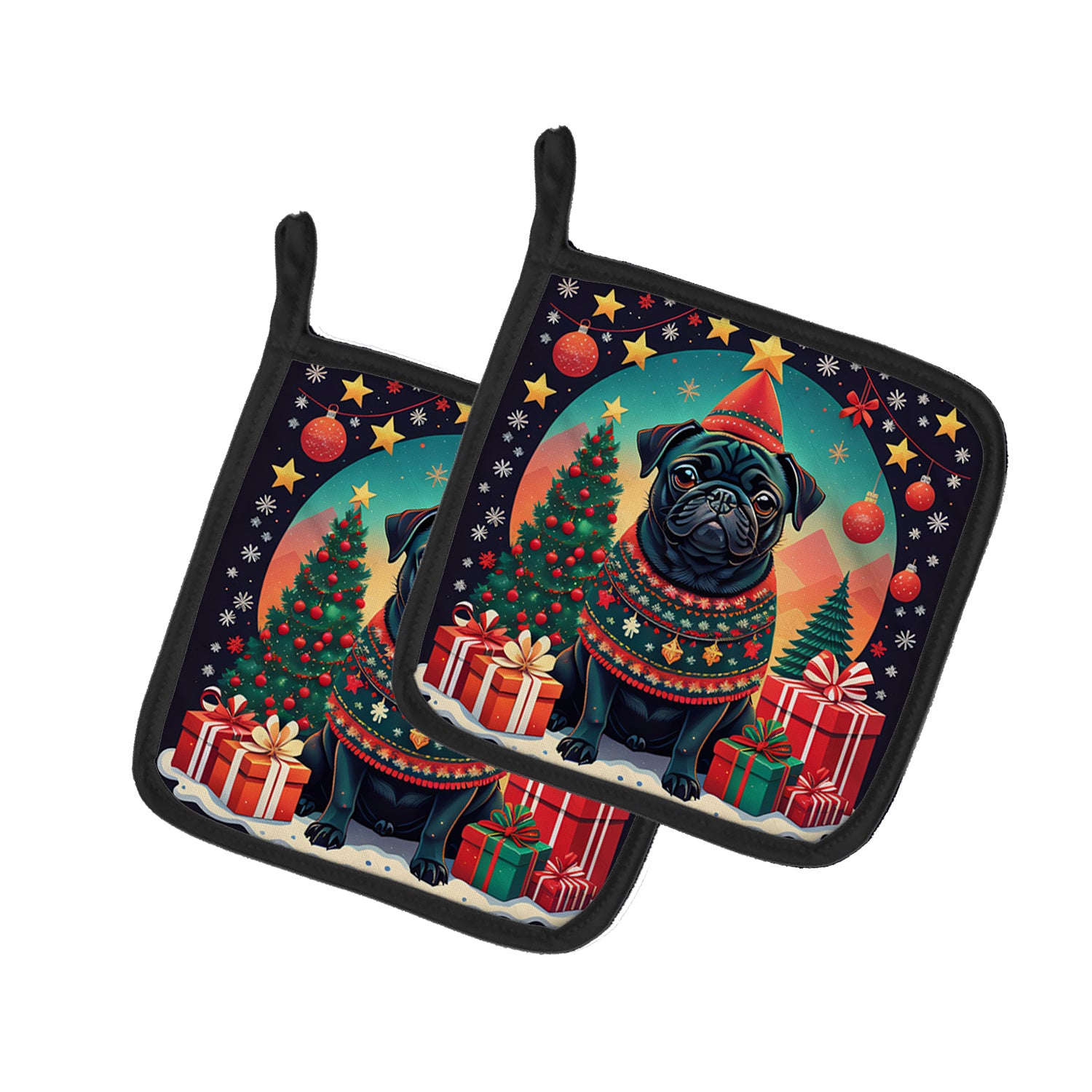 Black Pug Christmas Pair of Pot Holders Kitchen Heat Resistant Pot Holders Sets Oven Hot Pads for Cooking Baking BBQ, 7 1/2 x 7 1/2