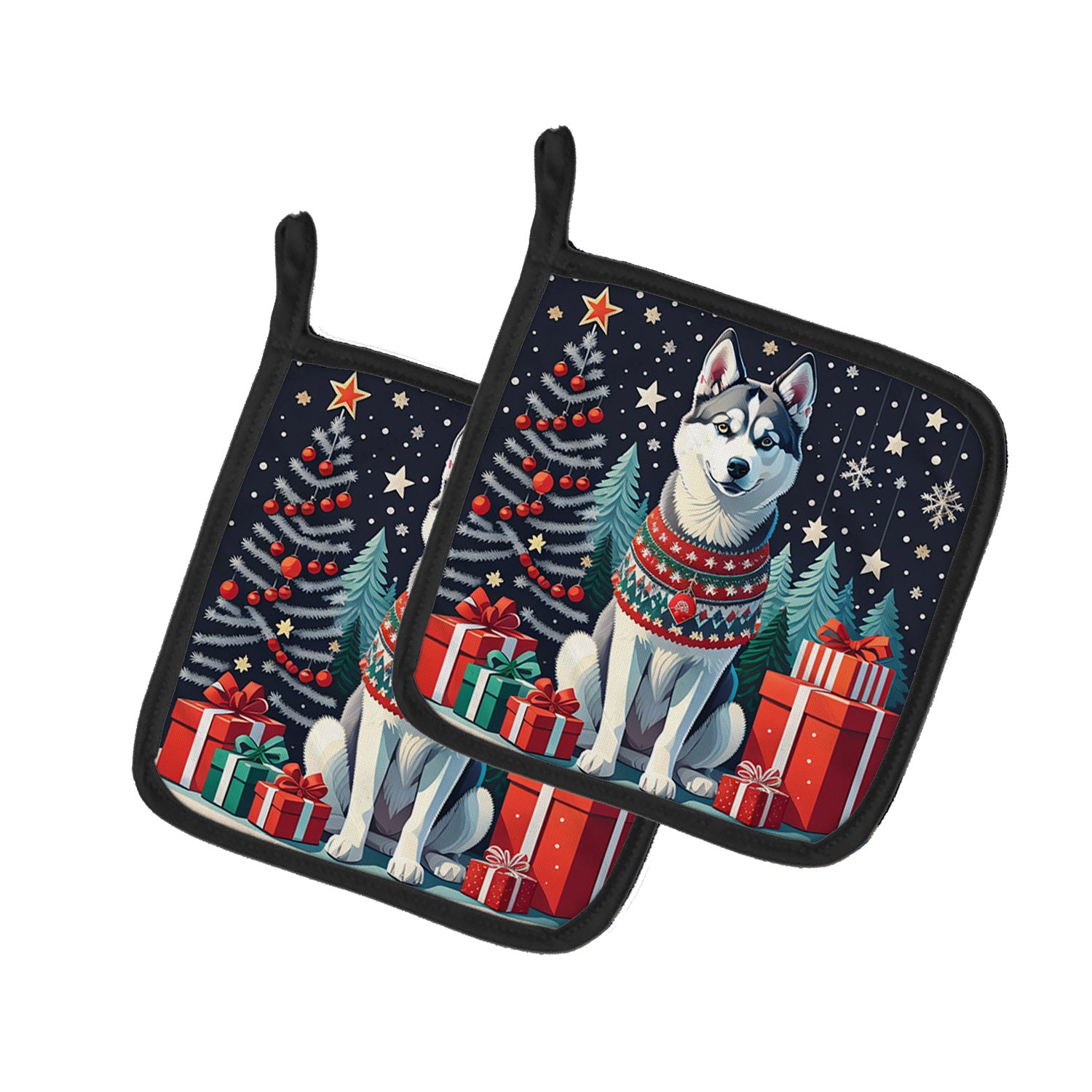 Siberian Husky Christmas Pair of Pot Holders Kitchen Heat Resistant Pot Holders Sets Oven Hot Pads for Cooking Baking BBQ, 7 1/2 x 7 1/2