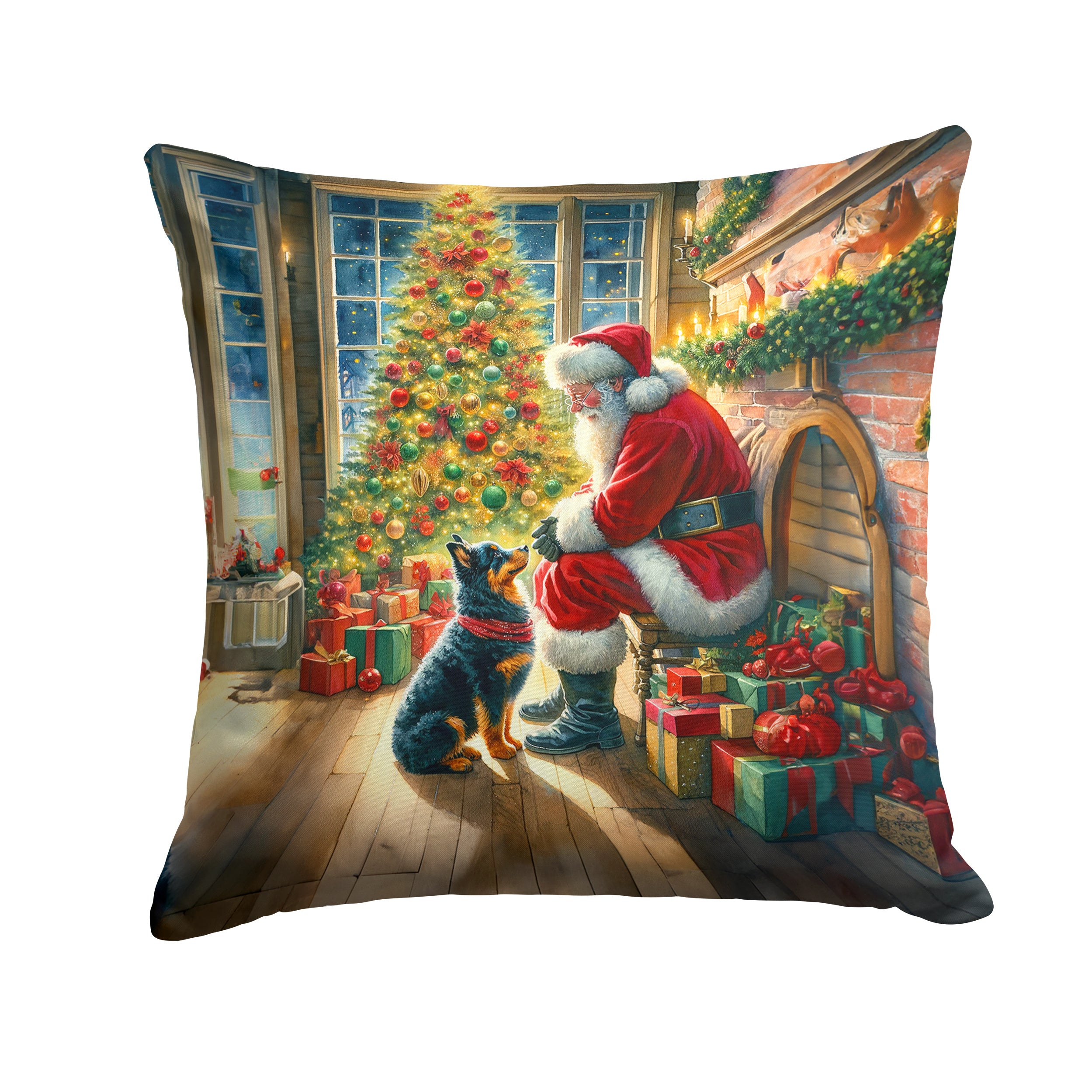 Lancashire Heeler and Santa Claus Throw Pillow Machine Washable, Indoor Outdoor Decorative Pillow for Couch, Bed or Patio, 14Hx14W