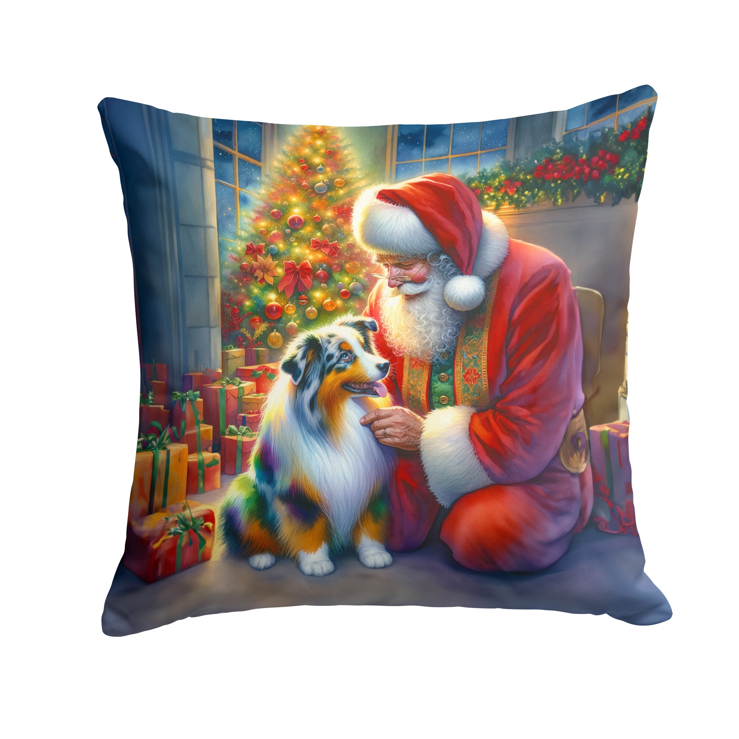 Australian Shepherd and Santa Claus Throw Pillow Machine Washable, Indoor Outdoor Decorative Pillow for Couch, Bed or Patio, 14Hx14W