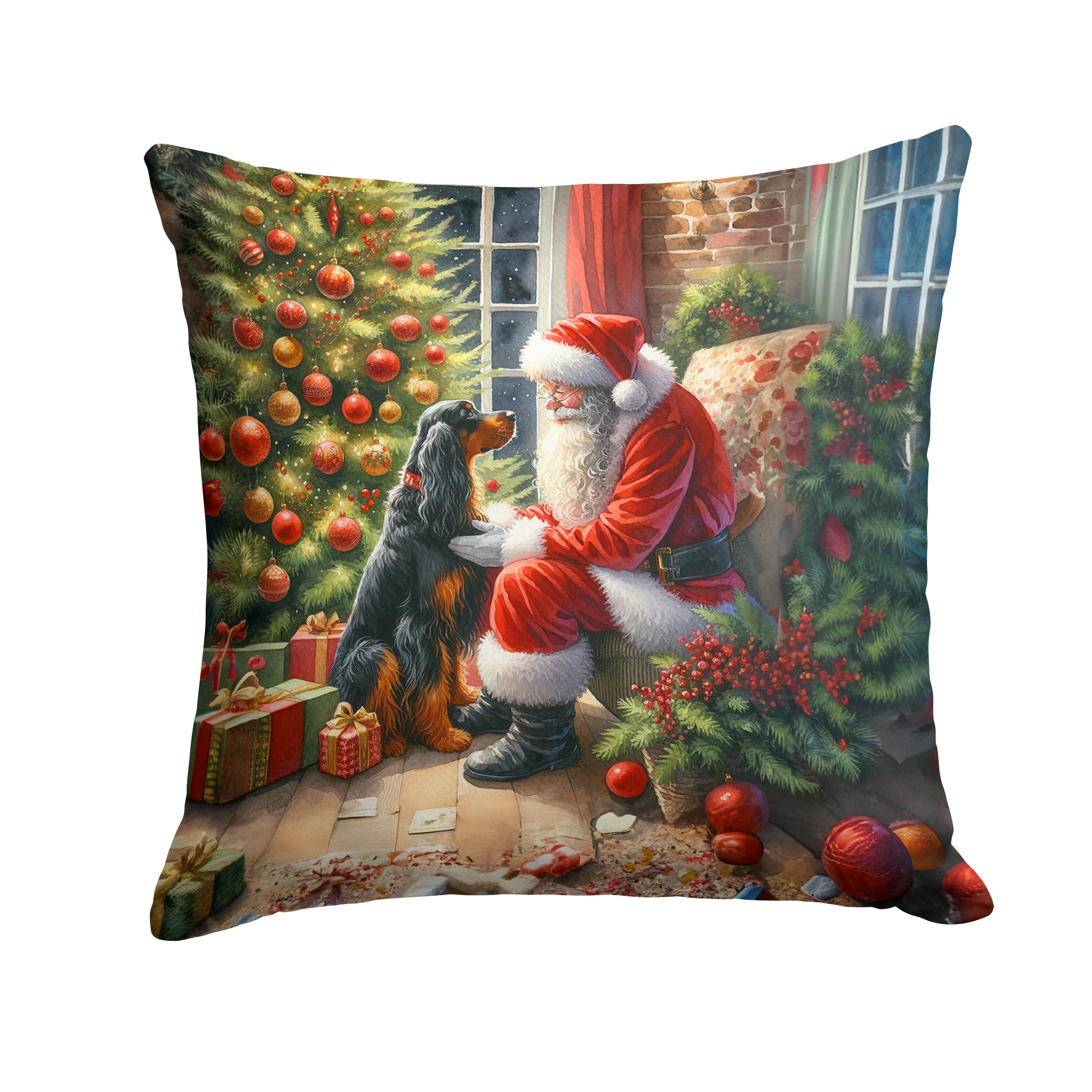 Gordon Setter and Santa Claus Throw Pillow Machine Washable, Indoor Outdoor Decorative Pillow for Couch, Bed or Patio, 14Hx14W