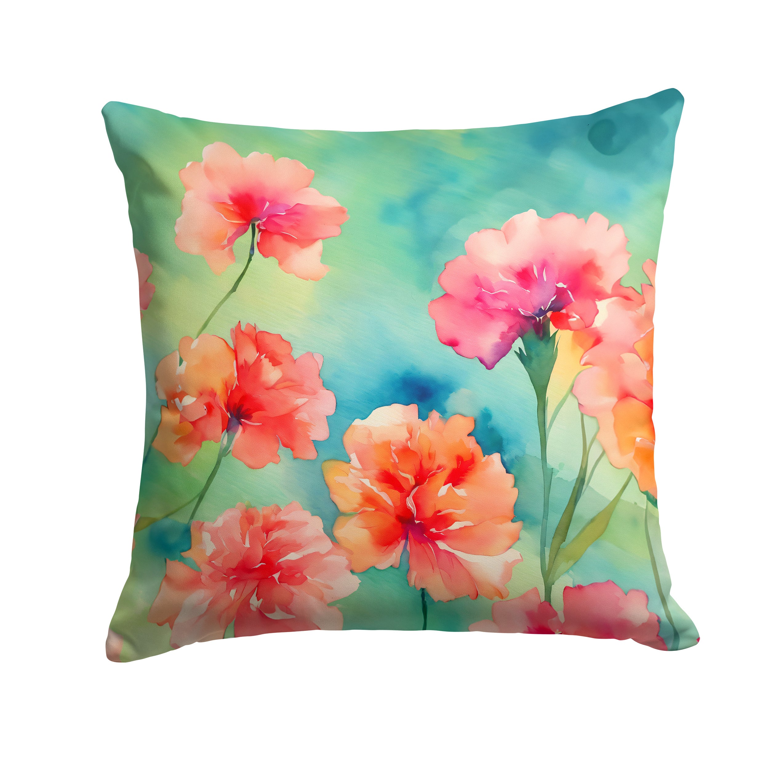 Carnations in Watercolor Throw Pillow Machine Washable, Indoor Outdoor Decorative Pillow for Couch, Bed or Patio, 14Hx14W