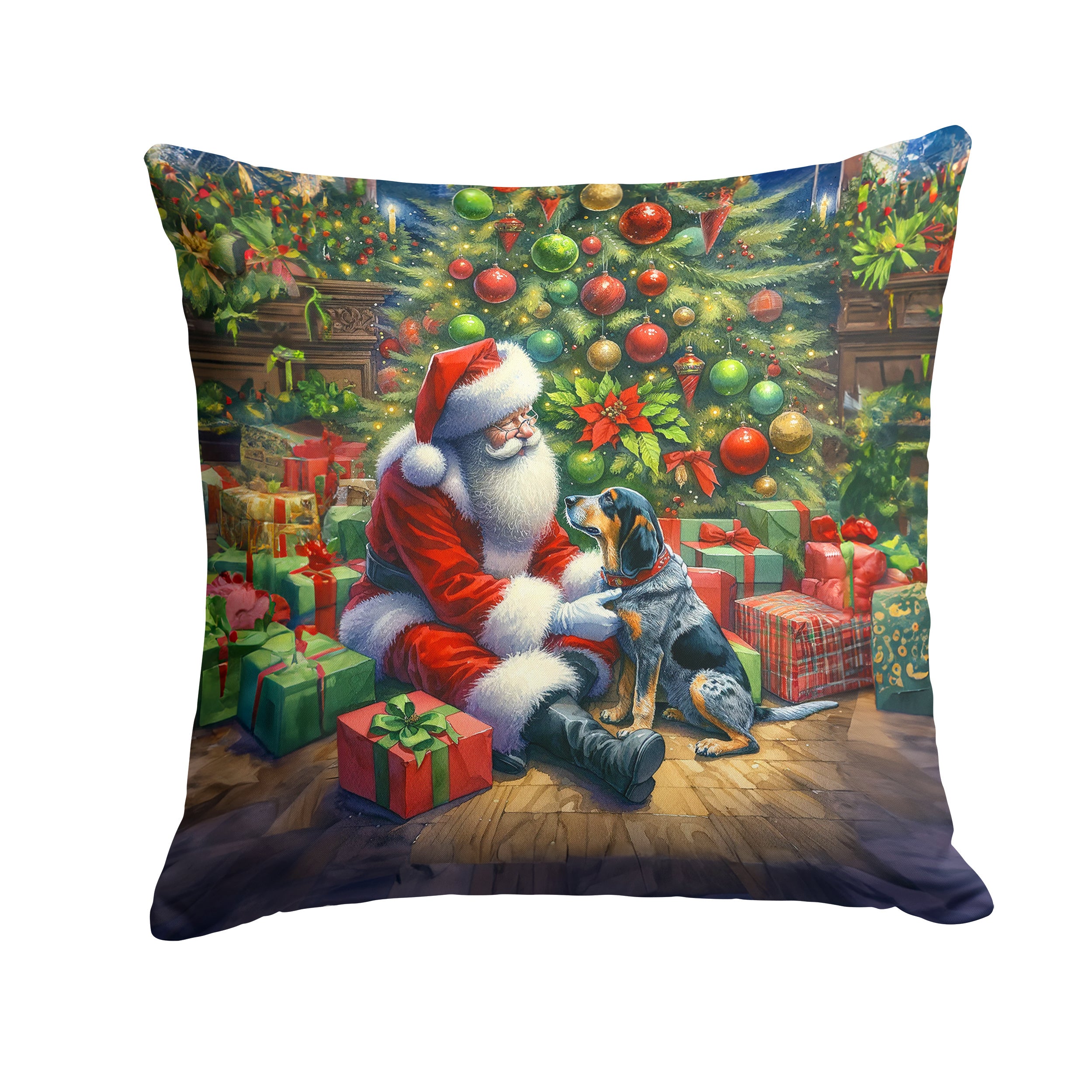 Bluetick Hound and Santa Claus Throw Pillow Machine Washable, Indoor Outdoor Decorative Pillow for Couch, Bed or Patio, 14Hx14W