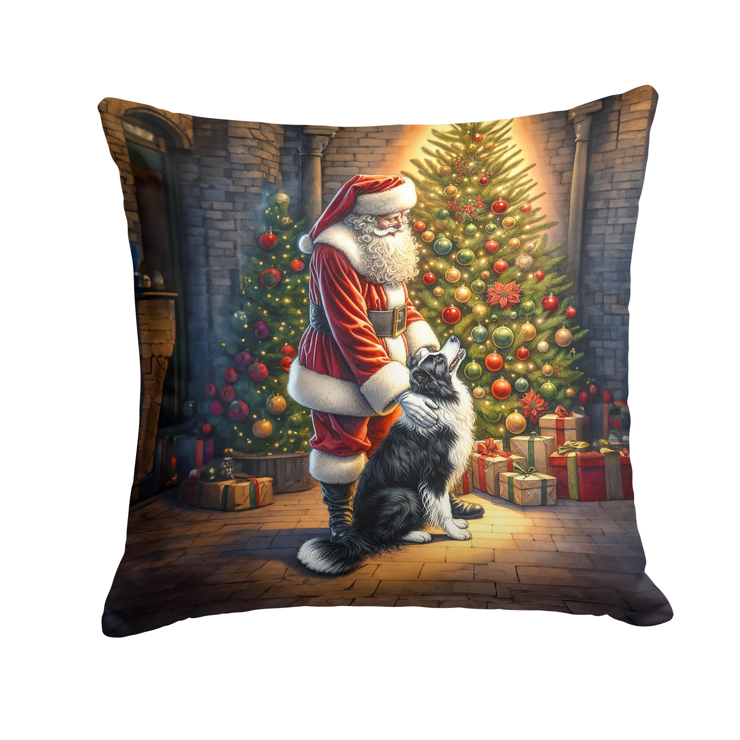 Border Collie and Santa Claus Throw Pillow Machine Washable, Indoor Outdoor Decorative Pillow for Couch, Bed or Patio, 14Hx14W