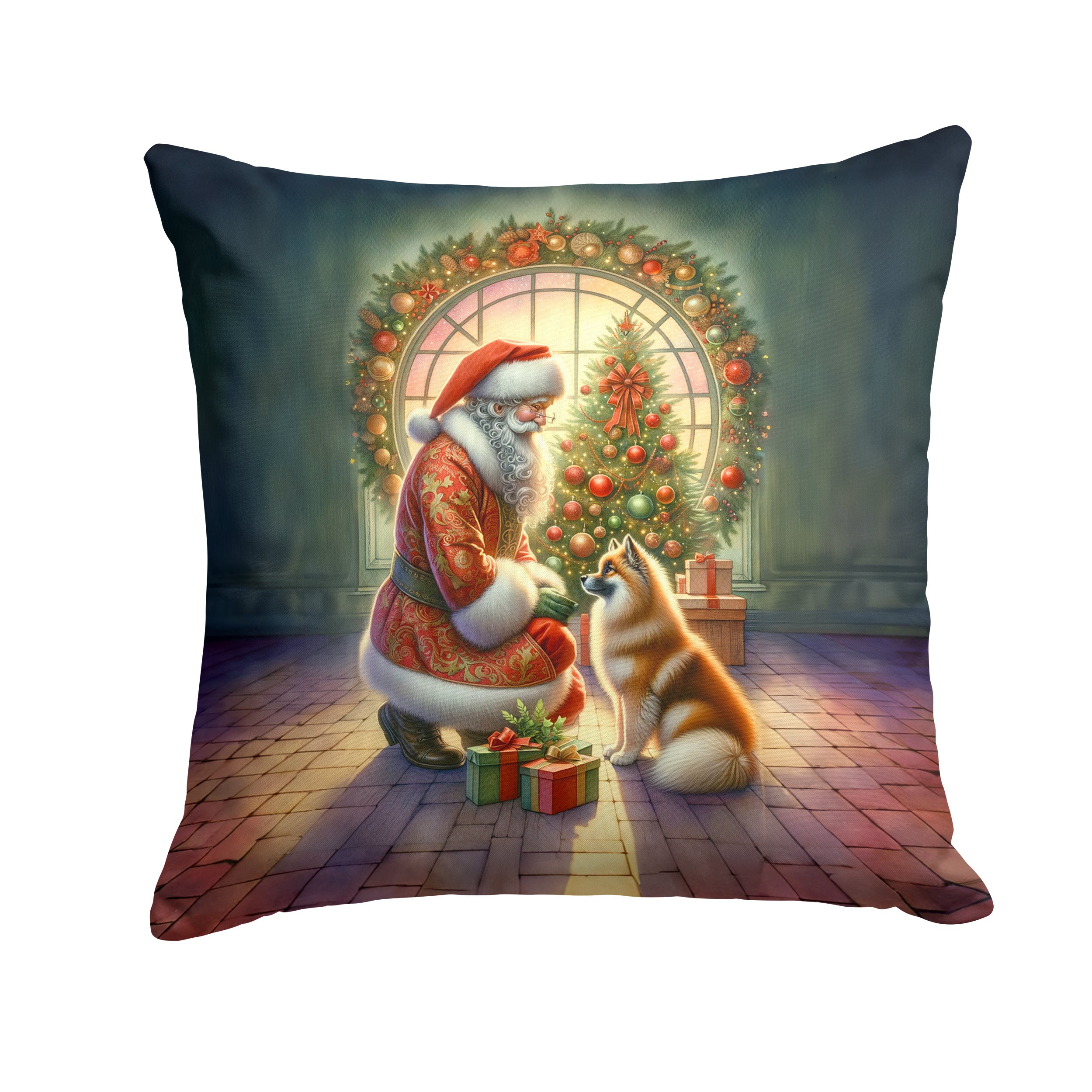 Finnish Spitz and Santa Claus Throw Pillow Machine Washable, Indoor Outdoor Decorative Pillow for Couch, Bed or Patio, 14Hx14W