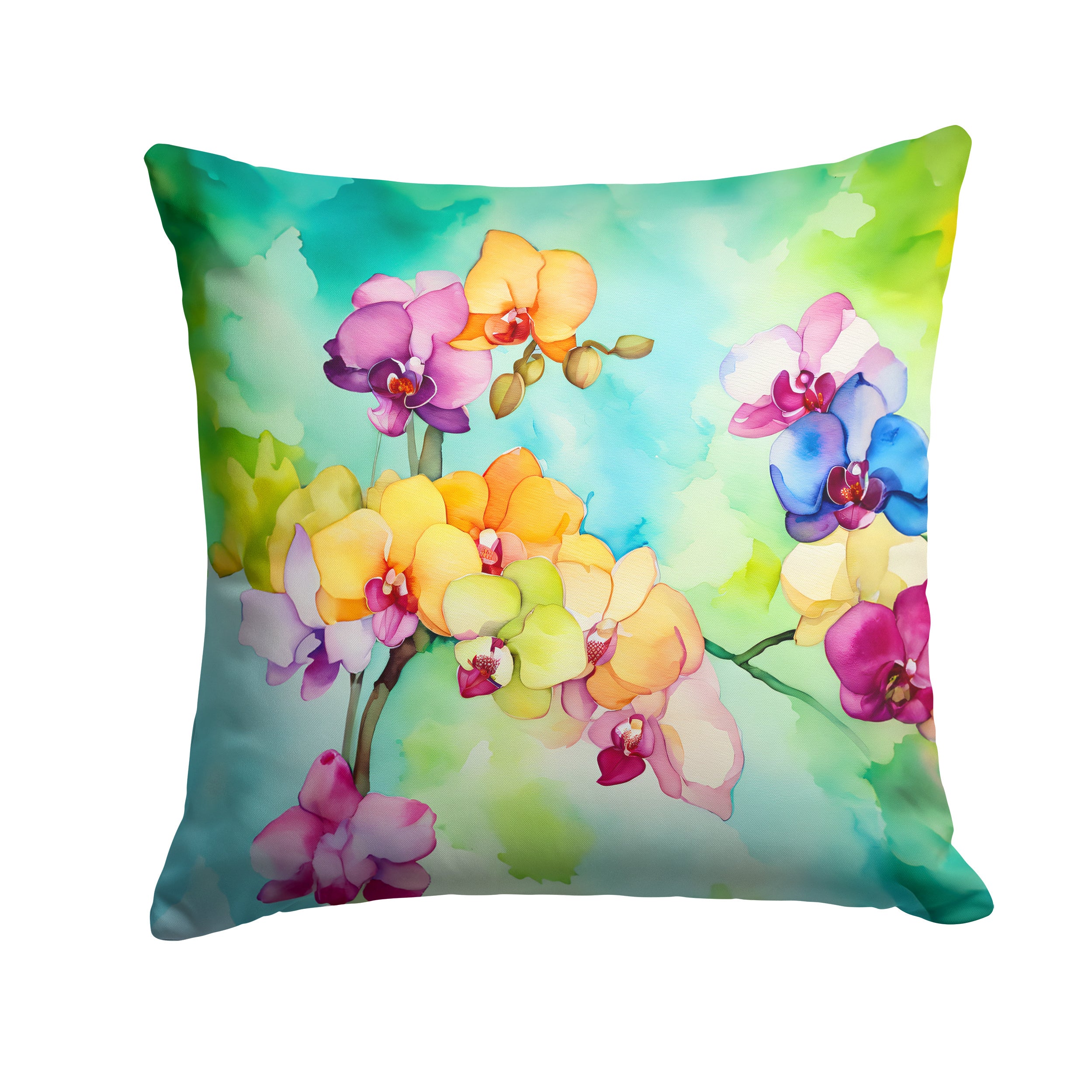 Orchids in Watercolor Throw Pillow Machine Washable, Indoor Outdoor Decorative Pillow for Couch, Bed or Patio, 14Hx14W