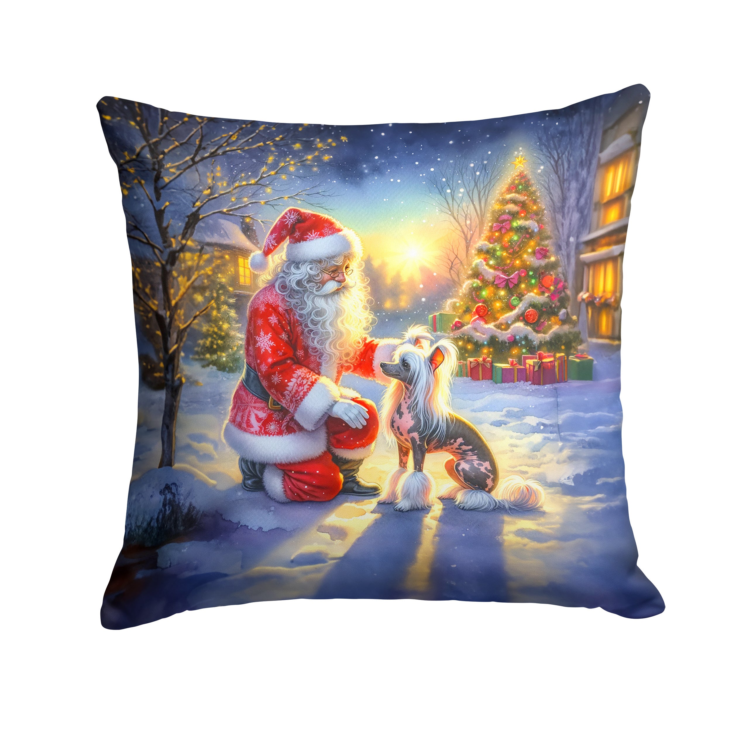 Chinese Crested and Santa Claus Throw Pillow Machine Washable, Indoor Outdoor Decorative Pillow for Couch, Bed or Patio, 14Hx14W