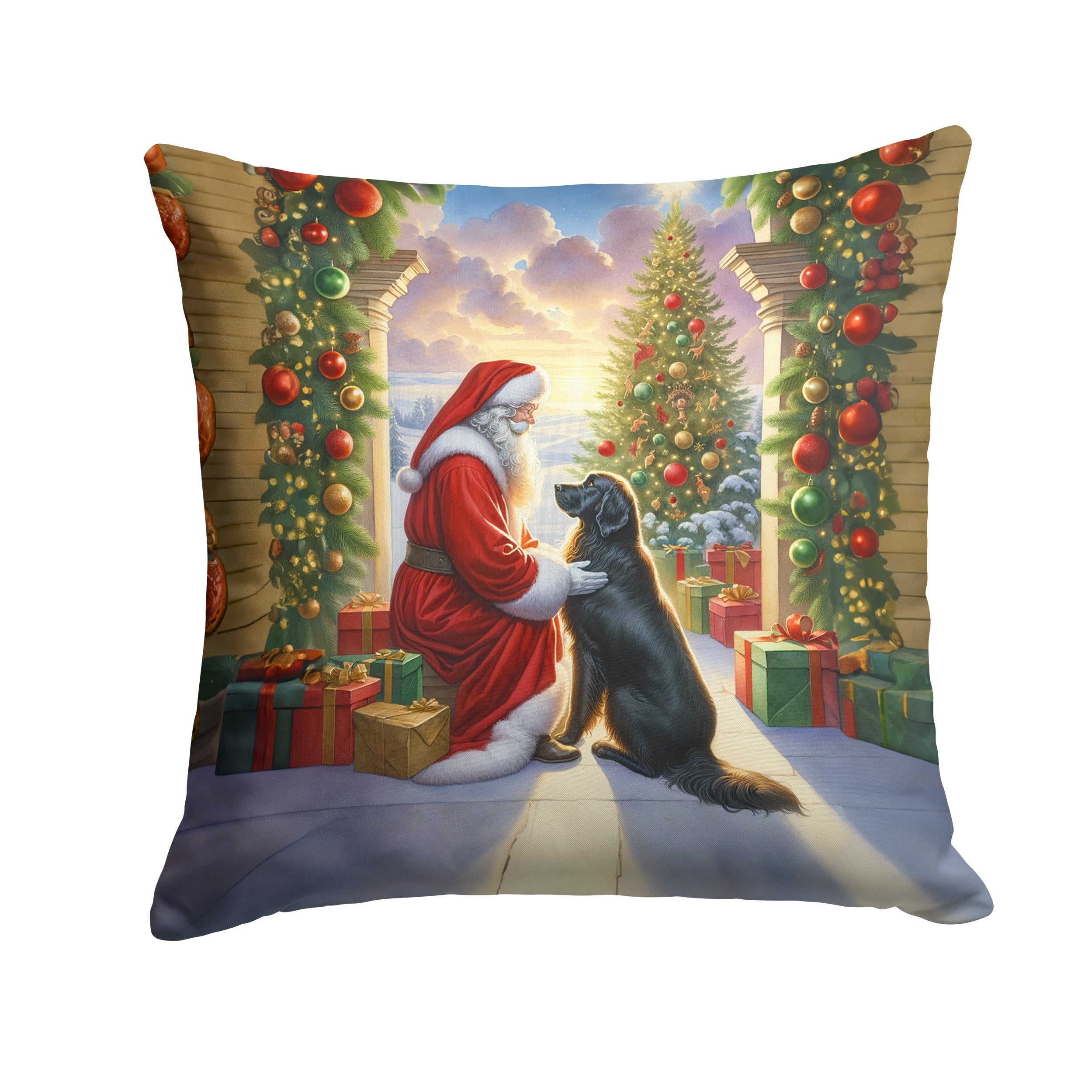 Flat-Coated Retriever and Santa Claus Throw Pillow Machine Washable, Indoor Outdoor Decorative Pillow for Couch, Bed or Patio, 14Hx14W