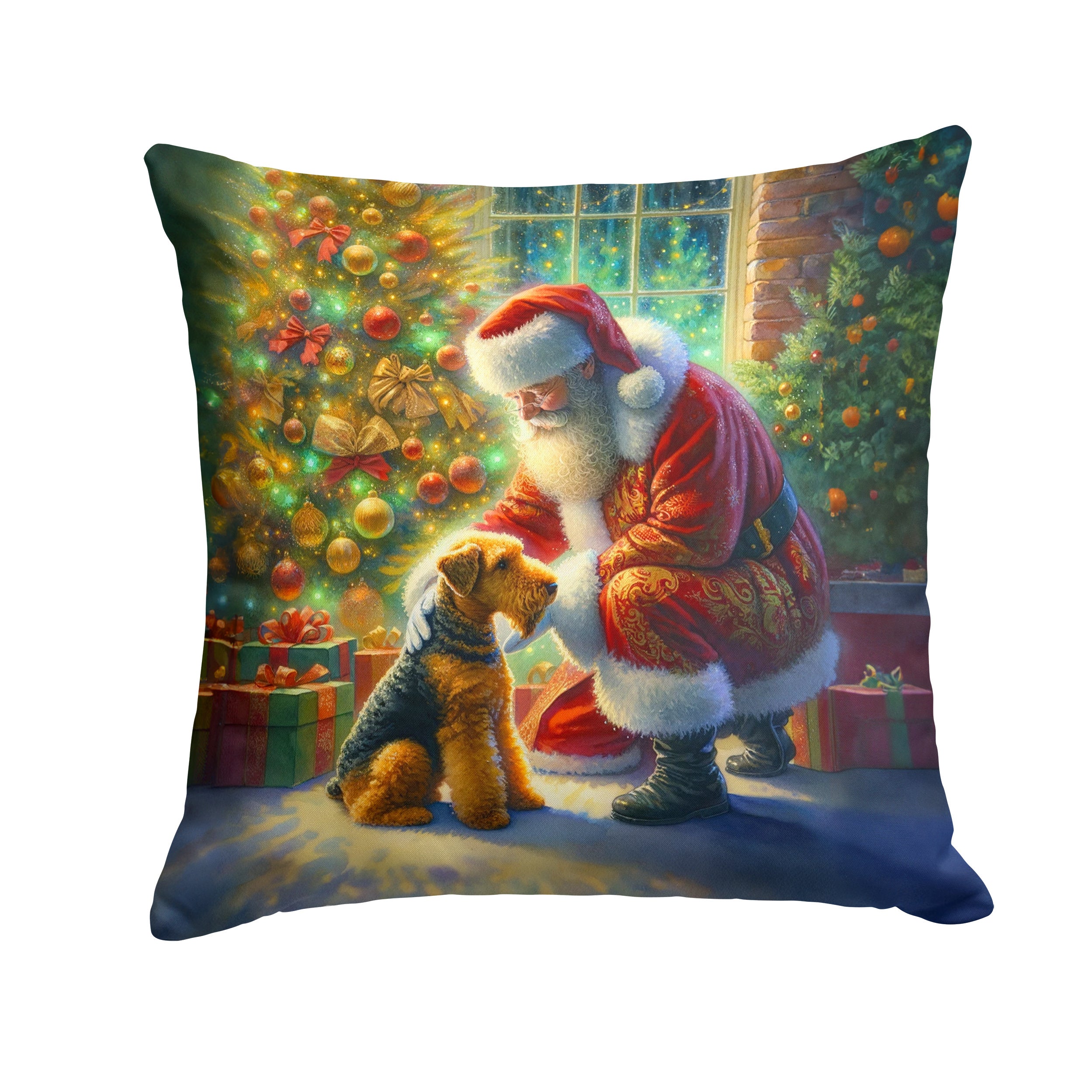 Airedale Terrier and Santa Claus Throw Pillow Machine Washable, Indoor Outdoor Decorative Pillow for Couch, Bed or Patio, 14Hx14W