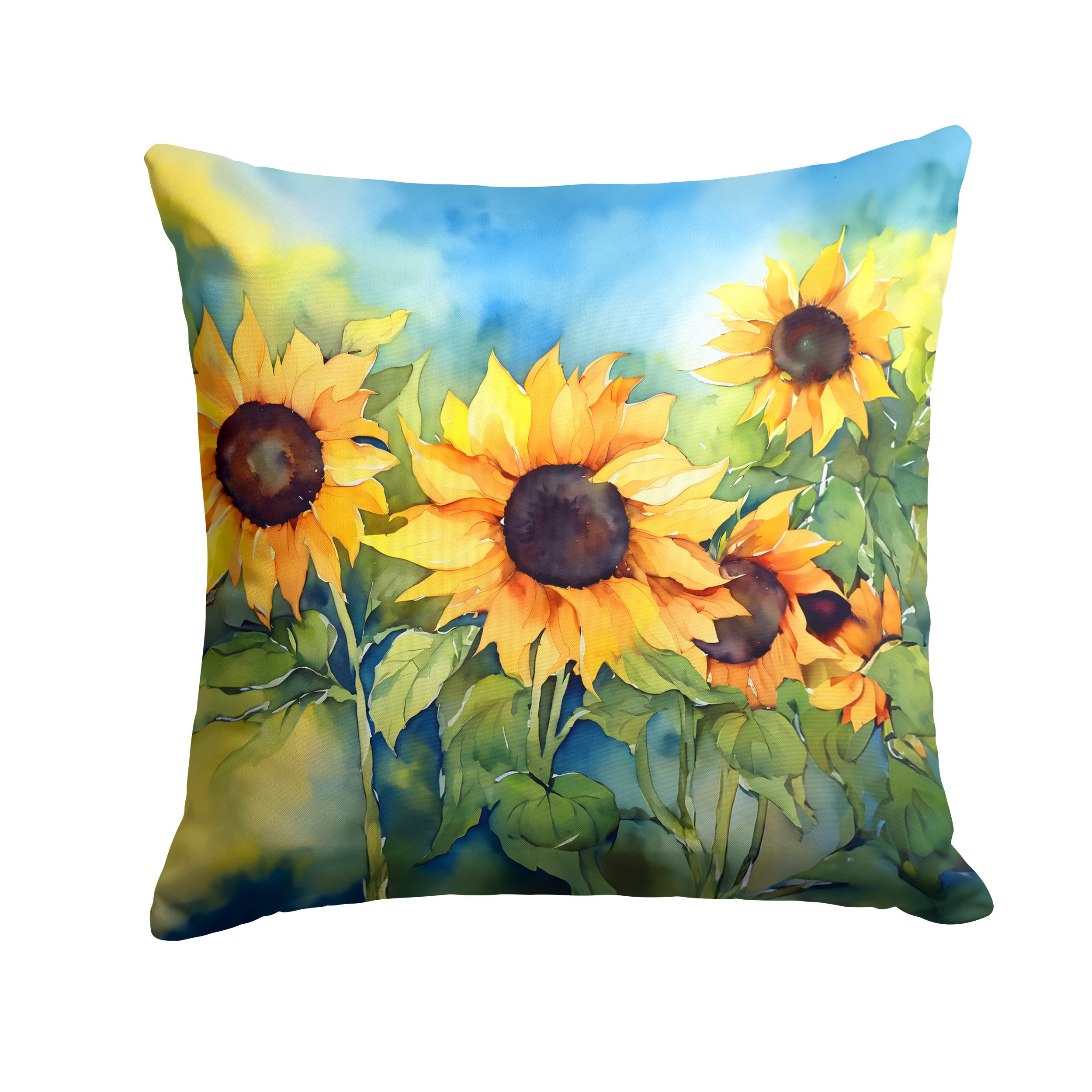 Sunflowers in Watercolor Throw Pillow Machine Washable, Indoor Outdoor Decorative Pillow for Couch, Bed or Patio, 14Hx14W