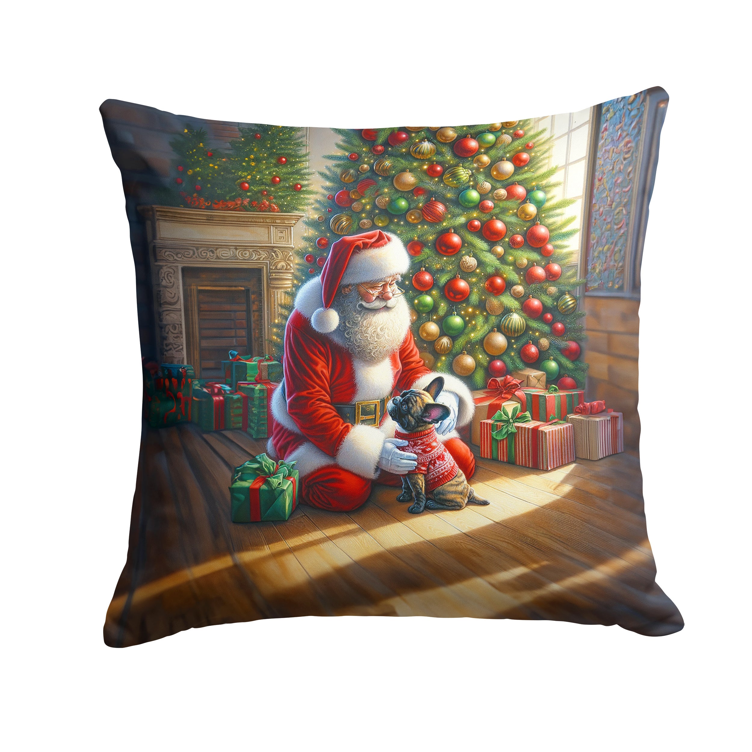 French Bulldog and Santa Claus Throw Pillow Machine Washable, Indoor Outdoor Decorative Pillow for Couch, Bed or Patio, 14Hx14W