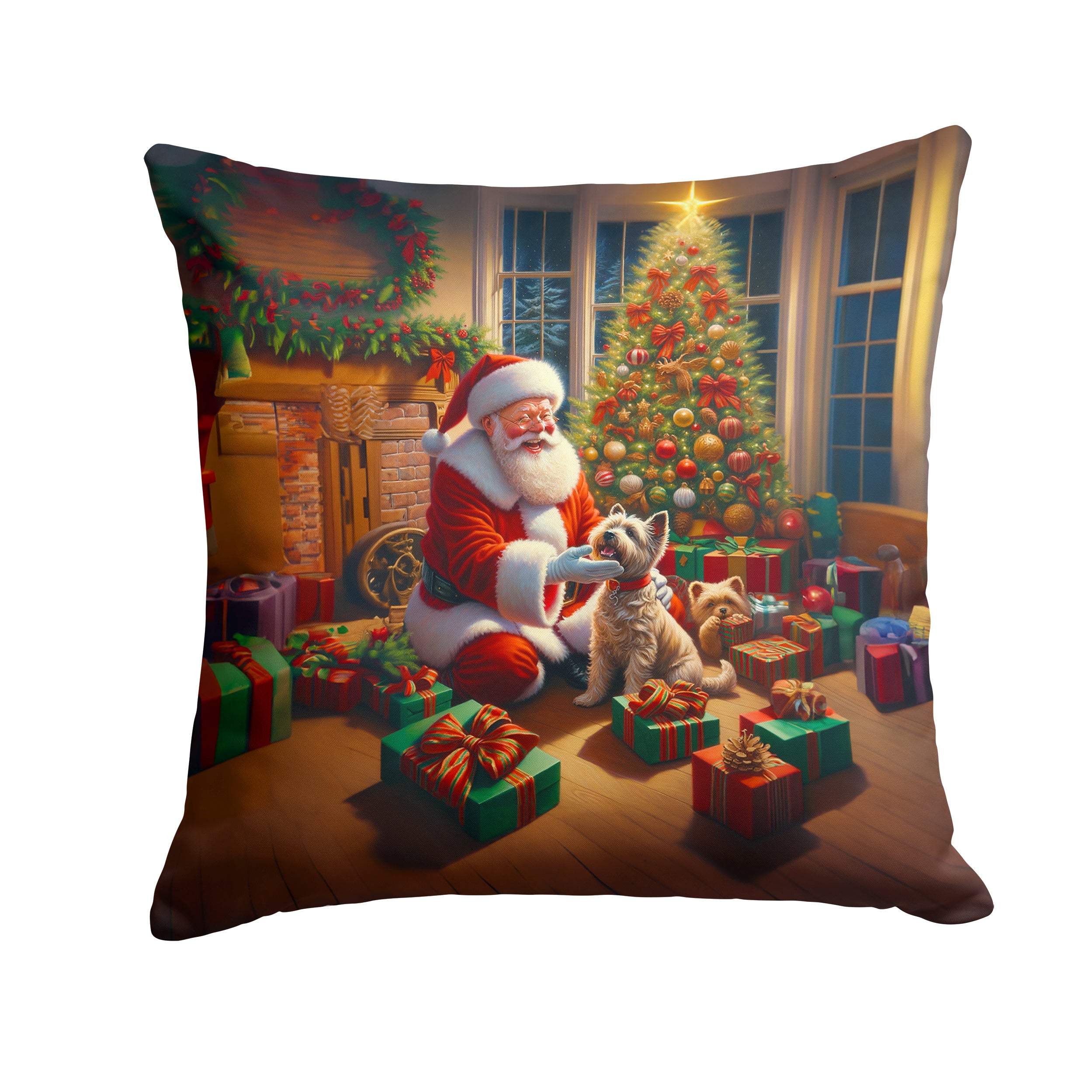 Cairn Terrier and Santa Claus Throw Pillow Machine Washable, Indoor Outdoor Decorative Pillow for Couch, Bed or Patio, 14Hx14W