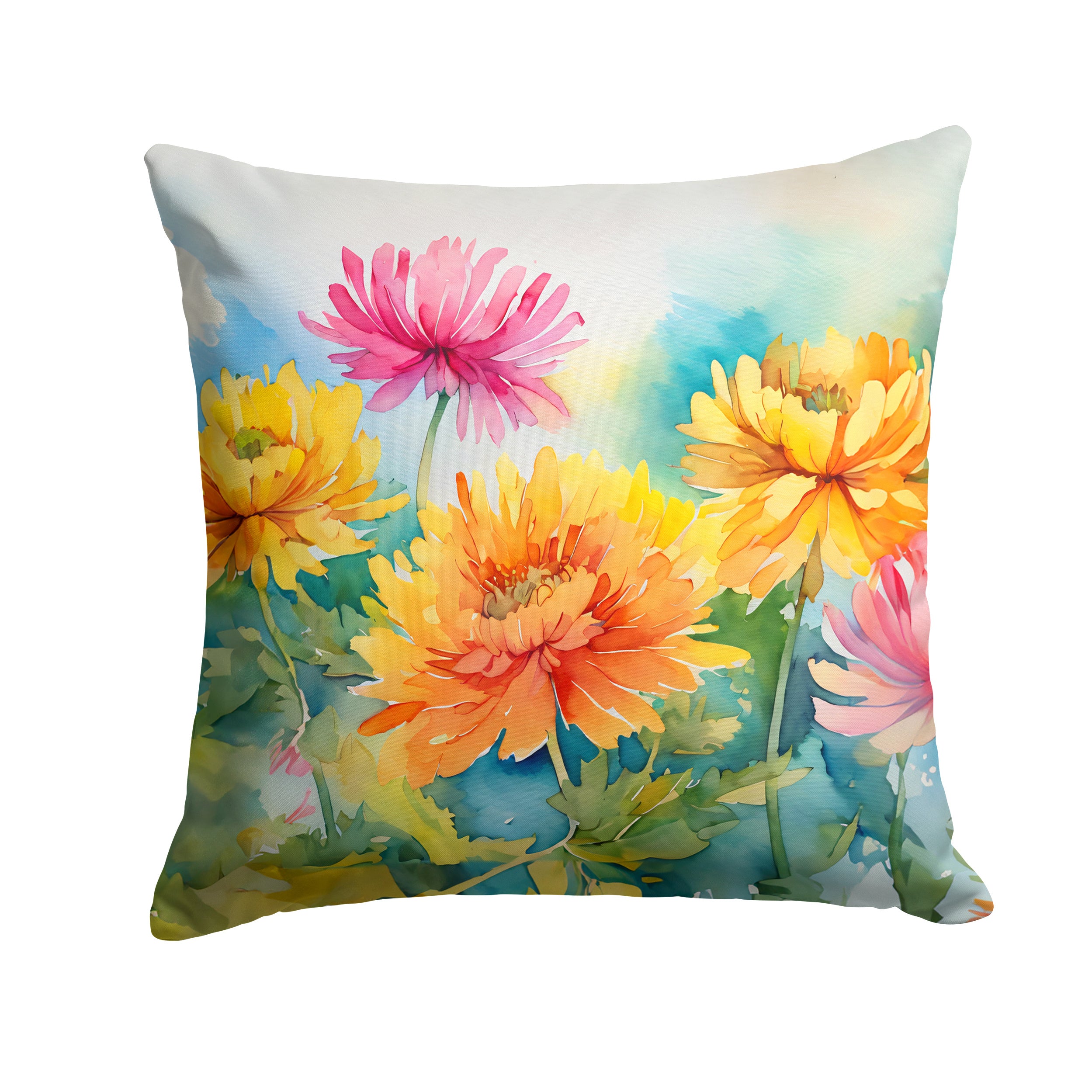 Chrysanthemums in Watercolor Throw Pillow Machine Washable, Indoor Outdoor Decorative Pillow for Couch, Bed or Patio, 14Hx14W