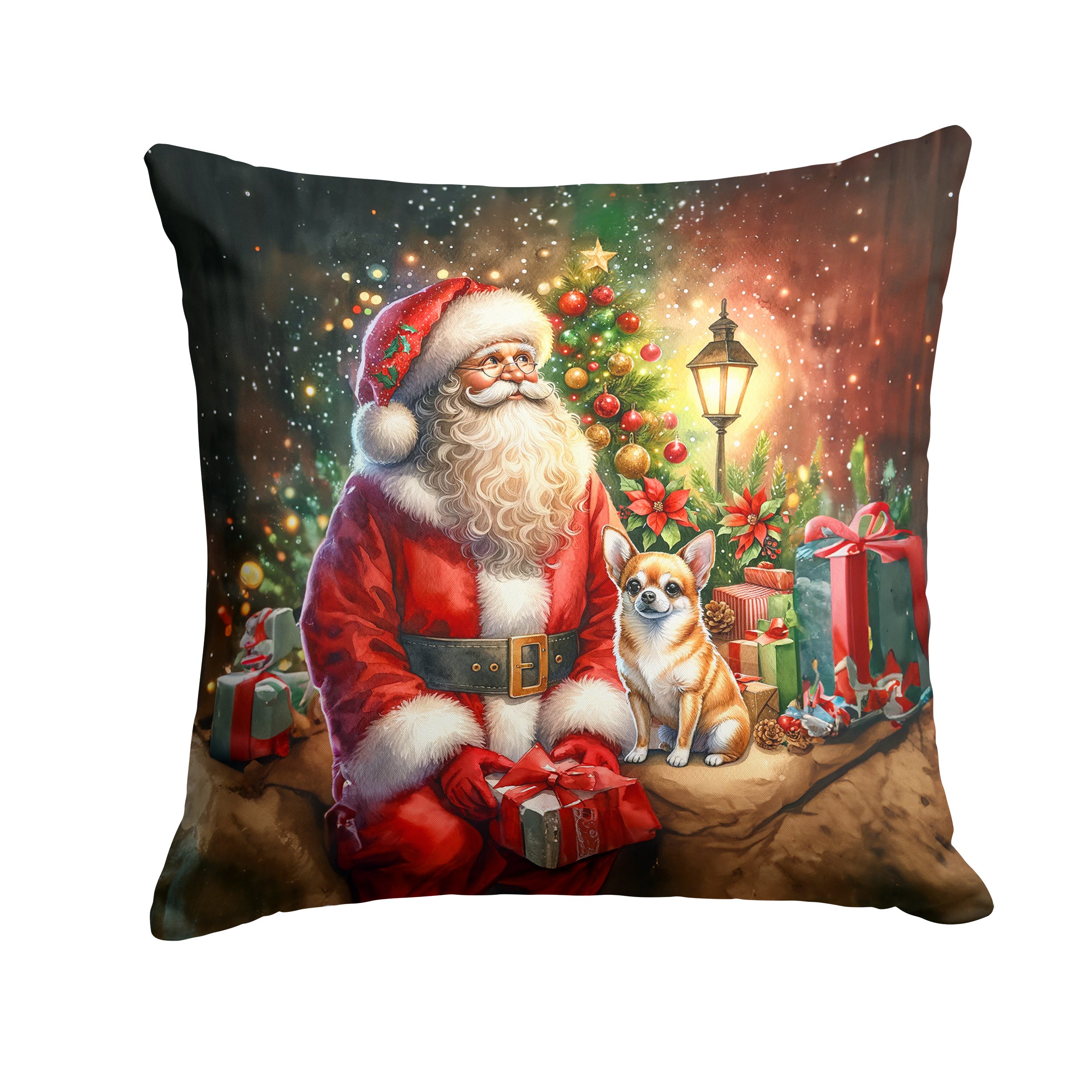 Chihuahua and Santa Claus Throw Pillow Machine Washable, Indoor Outdoor Decorative Pillow for Couch, Bed or Patio, 14Hx14W