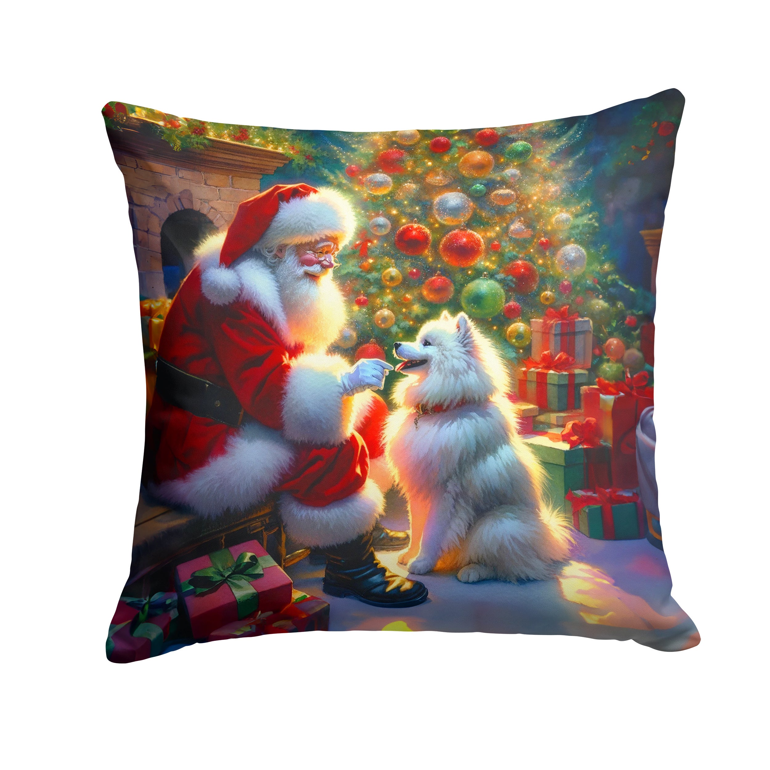 American Eskimo and Santa Claus Throw Pillow Machine Washable, Indoor Outdoor Decorative Pillow for Couch, Bed or Patio, 14Hx14W