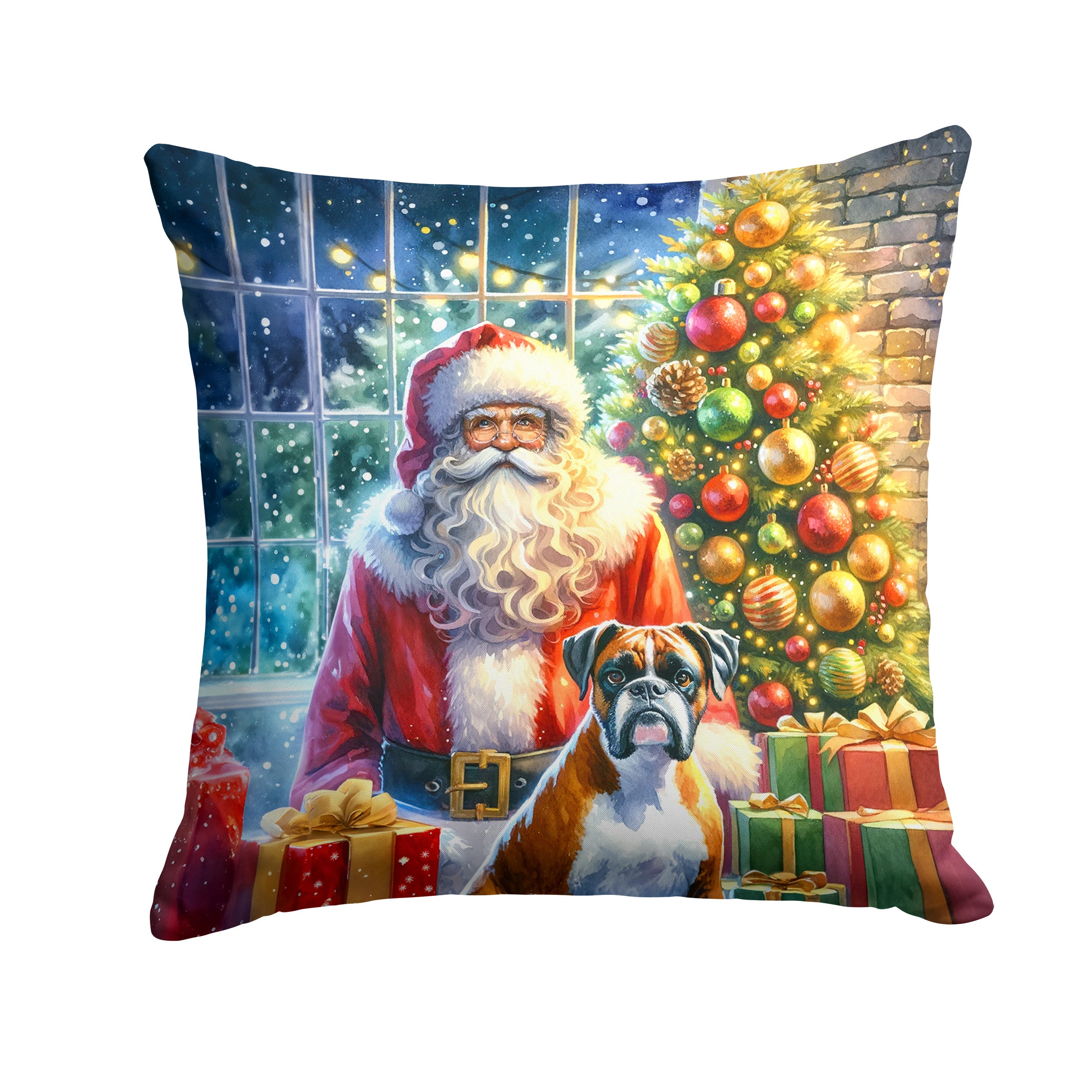 Boxer and Santa Claus Throw Pillow Machine Washable, Indoor Outdoor Decorative Pillow for Couch, Bed or Patio, 14Hx14W