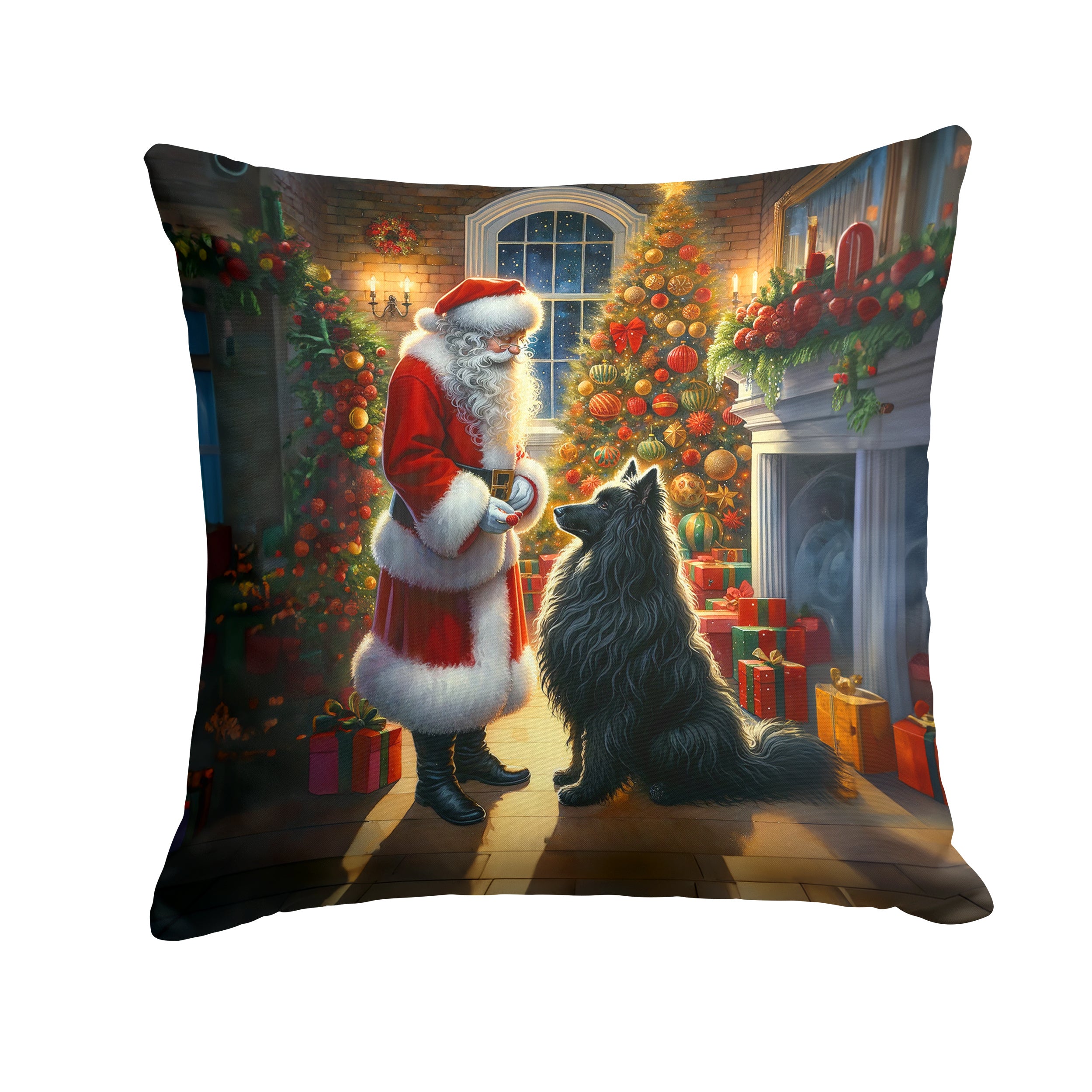 Belgian Sheepdog and Santa Claus Throw Pillow Machine Washable, Indoor Outdoor Decorative Pillow for Couch, Bed or Patio, 14Hx14W