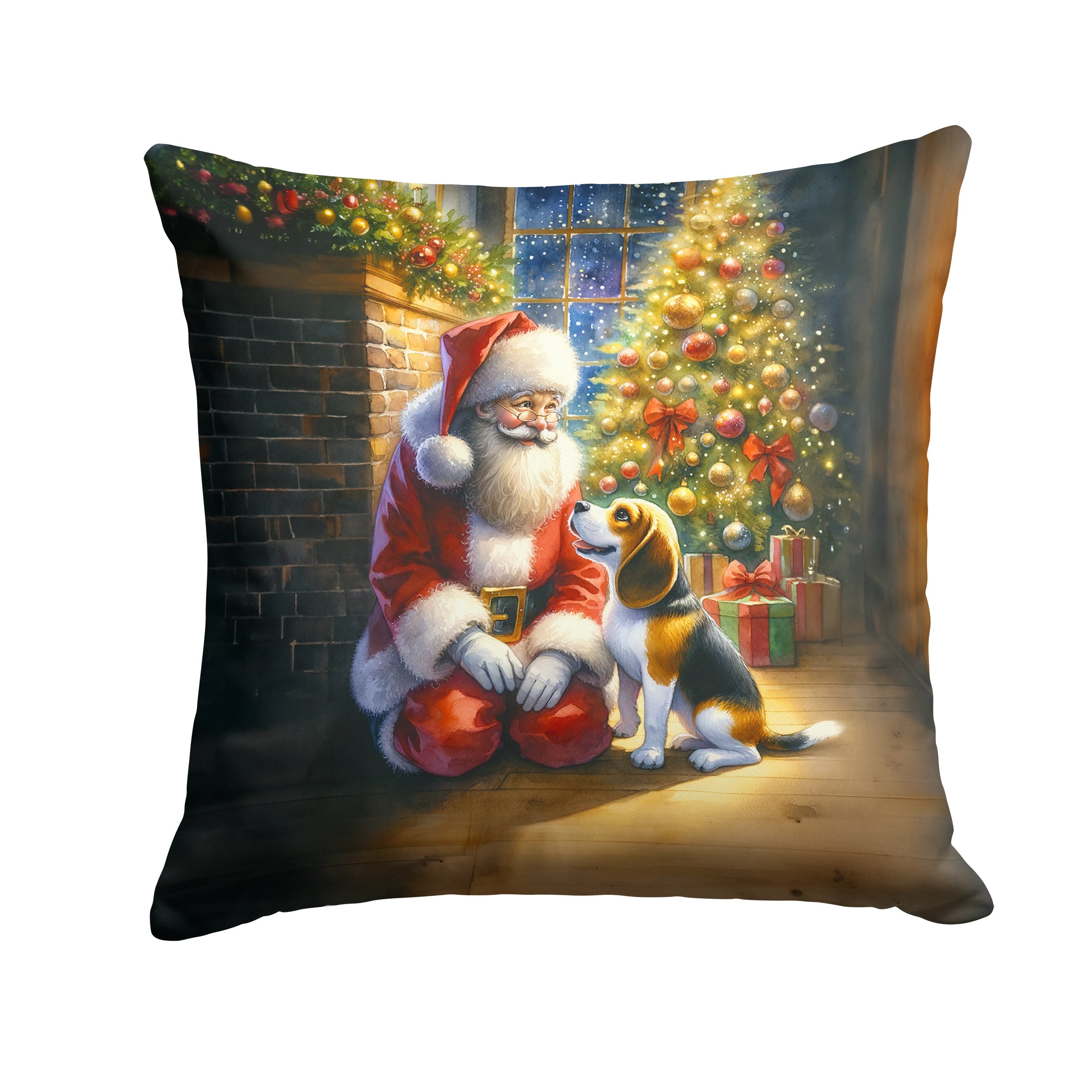 Beagle and Santa Claus Throw Pillow Machine Washable, Indoor Outdoor Decorative Pillow for Couch, Bed or Patio, 14Hx14W