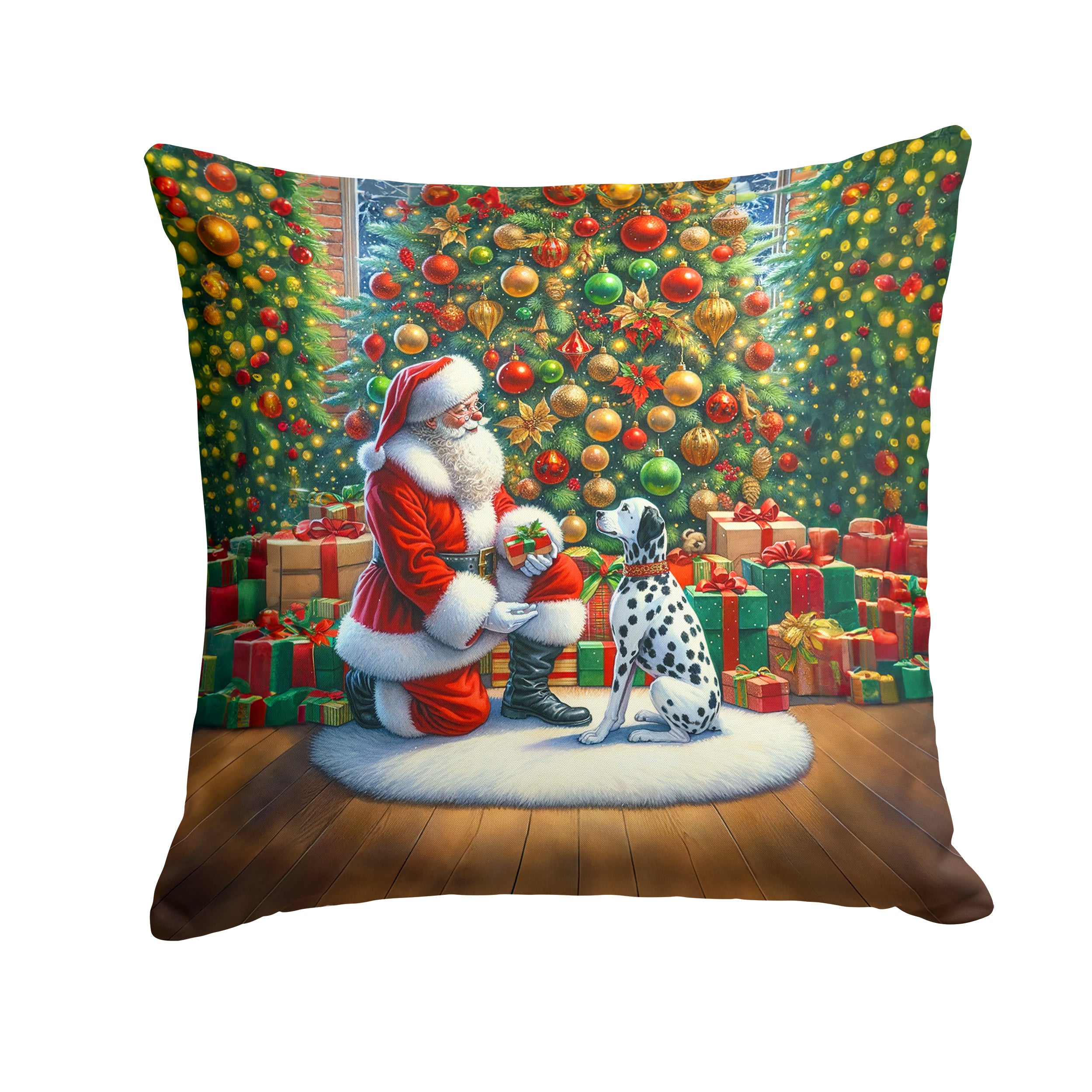 Dalmatian and Santa Claus Throw Pillow Machine Washable, Indoor Outdoor Decorative Pillow for Couch, Bed or Patio, 14Hx14W