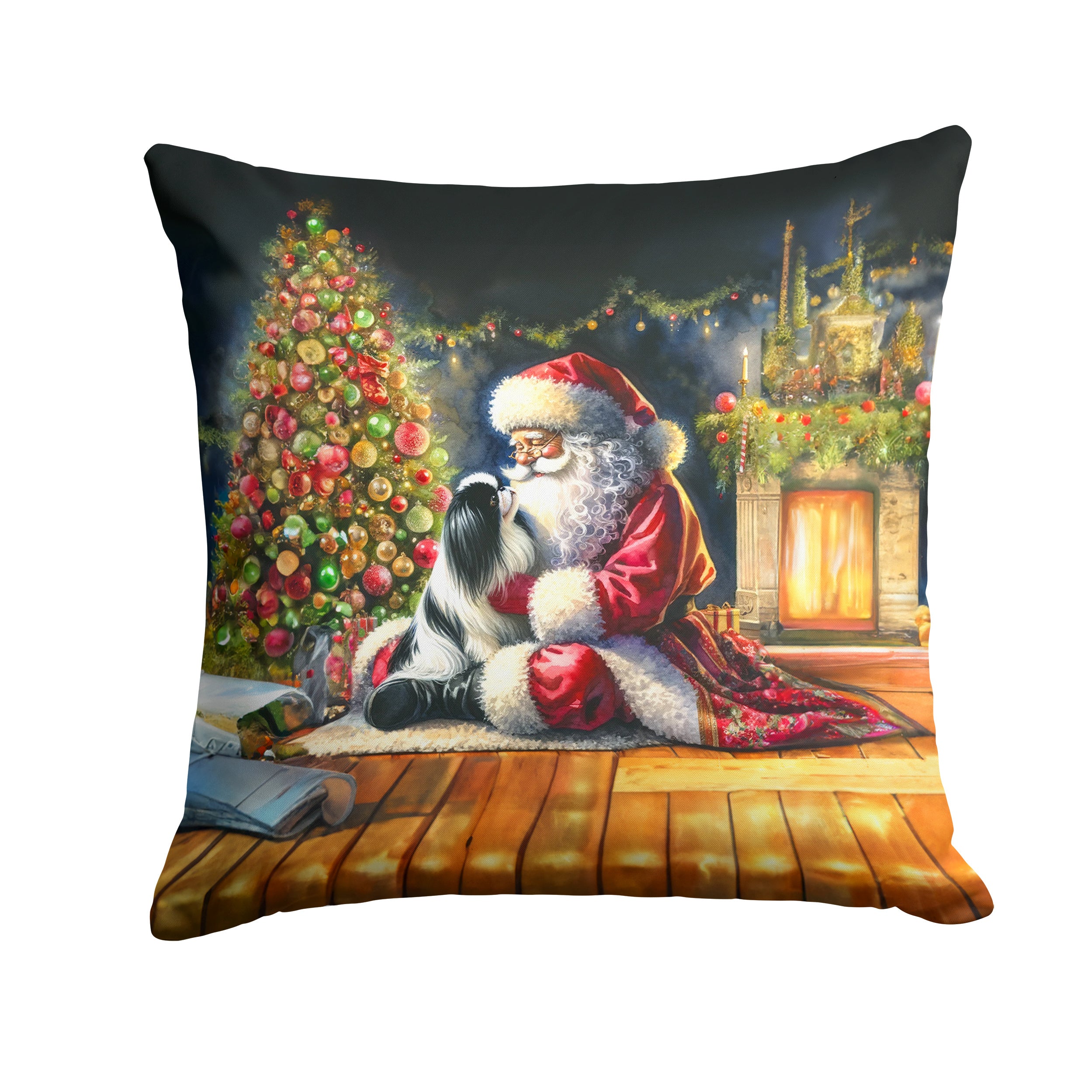 Japanese Chin and Santa Claus Throw Pillow Machine Washable, Indoor Outdoor Decorative Pillow for Couch, Bed or Patio, 14Hx14W