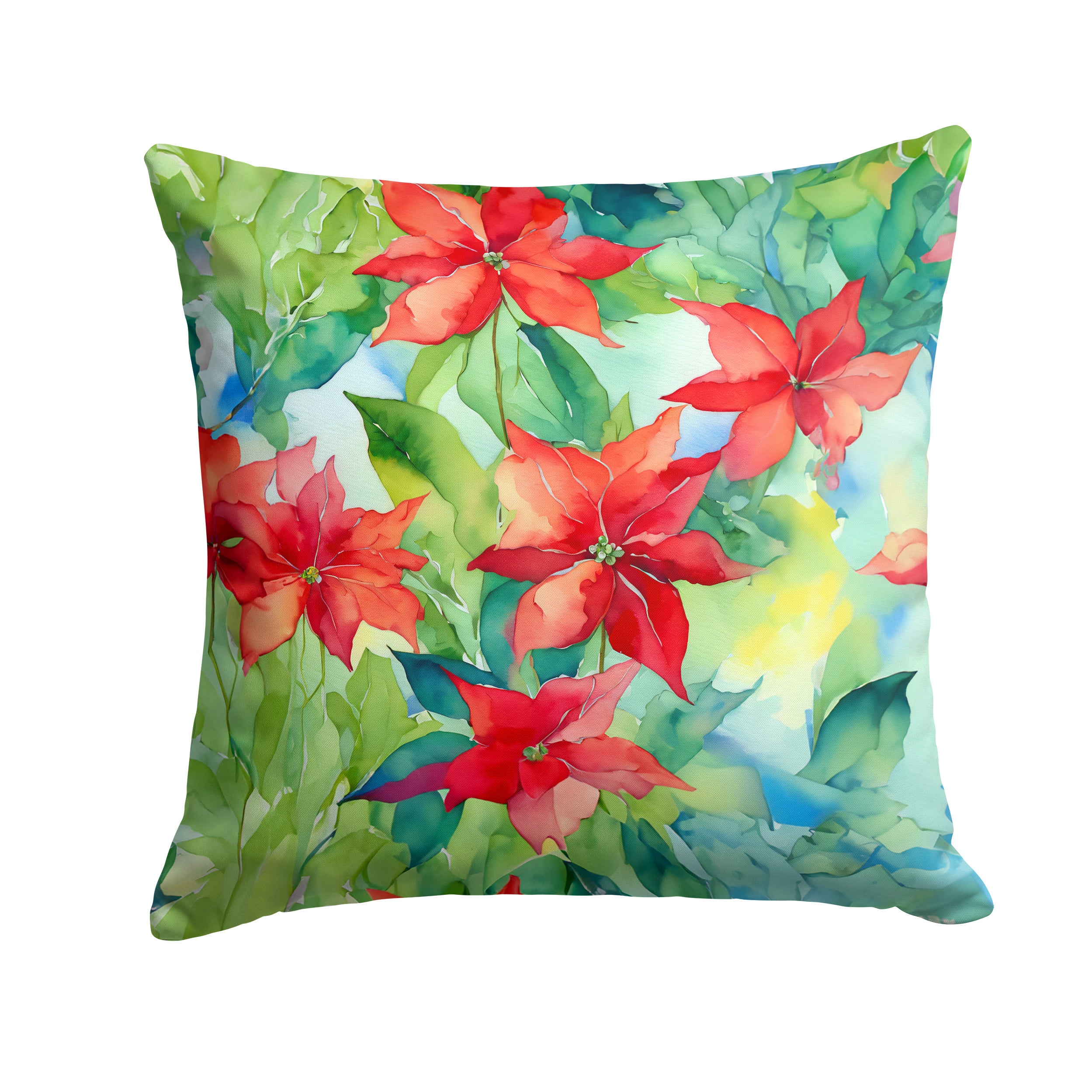 Poinsettias in Watercolor Throw Pillow Machine Washable, Indoor Outdoor Decorative Pillow for Couch, Bed or Patio, 14Hx14W