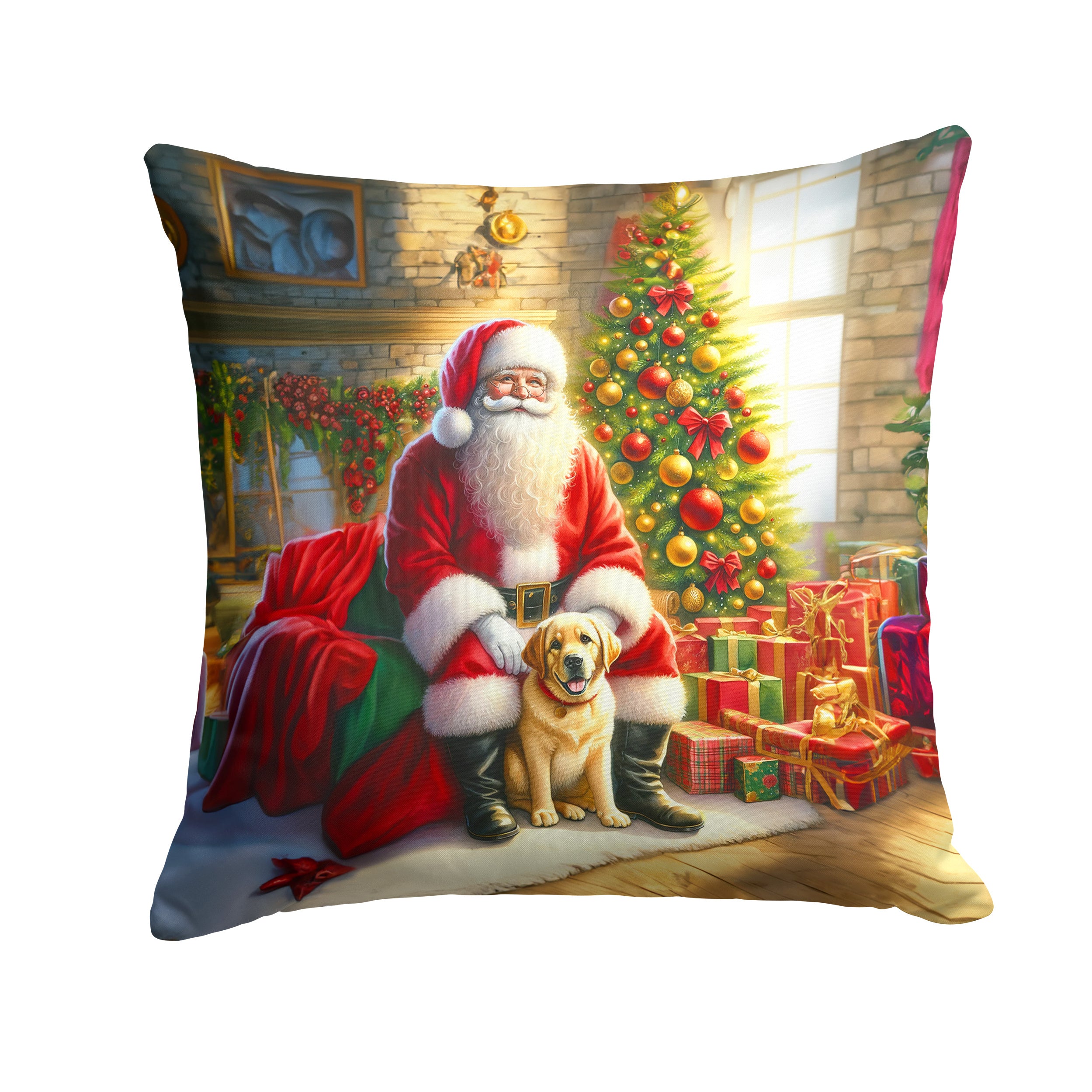 Labrador Retriever and Santa Claus Throw Pillow Machine Washable, Indoor Outdoor Decorative Pillow for Couch, Bed or Patio, 14Hx14W