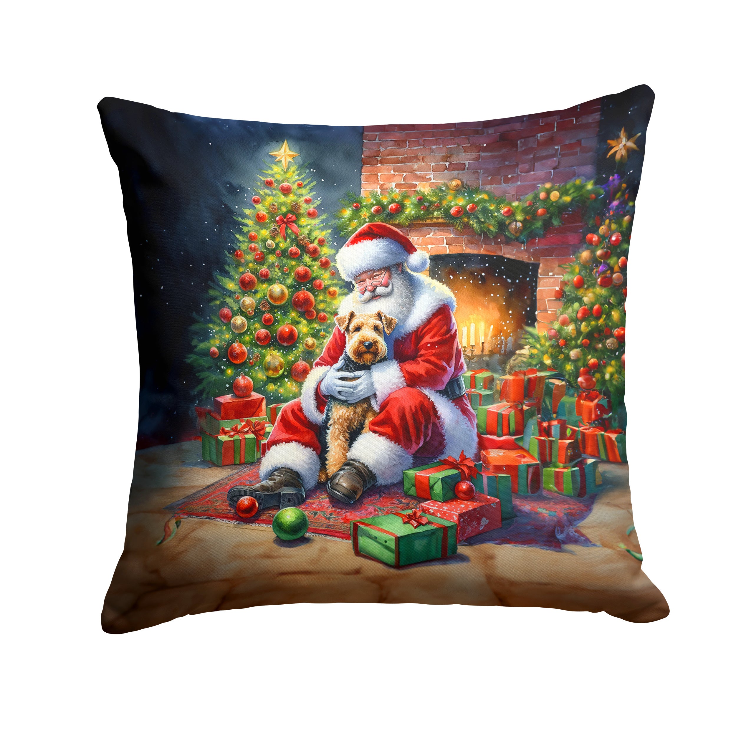 Lakeland Terrier and Santa Claus Throw Pillow Machine Washable, Indoor Outdoor Decorative Pillow for Couch, Bed or Patio, 14Hx14W