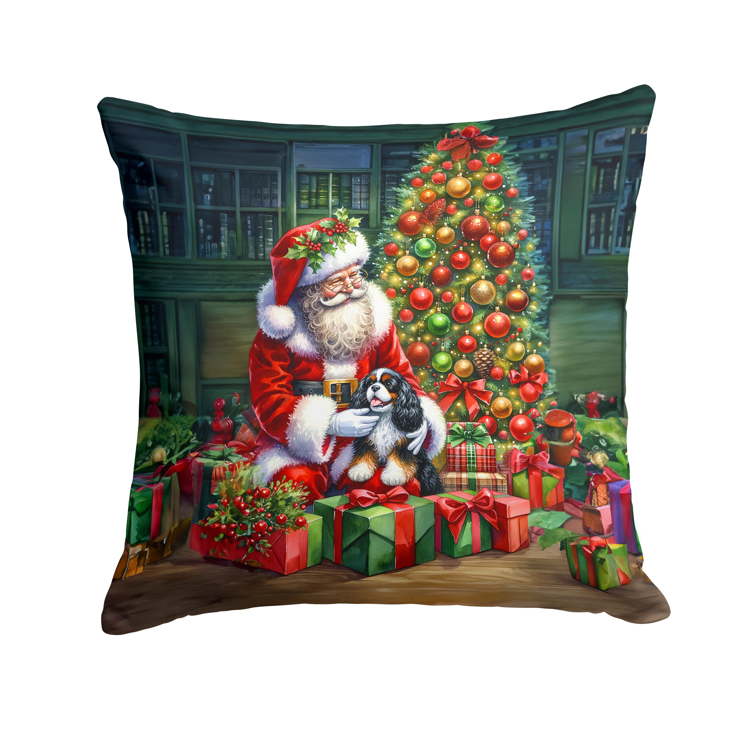 Cavalier Spaniel and Santa Claus Throw Pillow Machine Washable, Indoor Outdoor Decorative Pillow for Couch, Bed or Patio, 14Hx14W