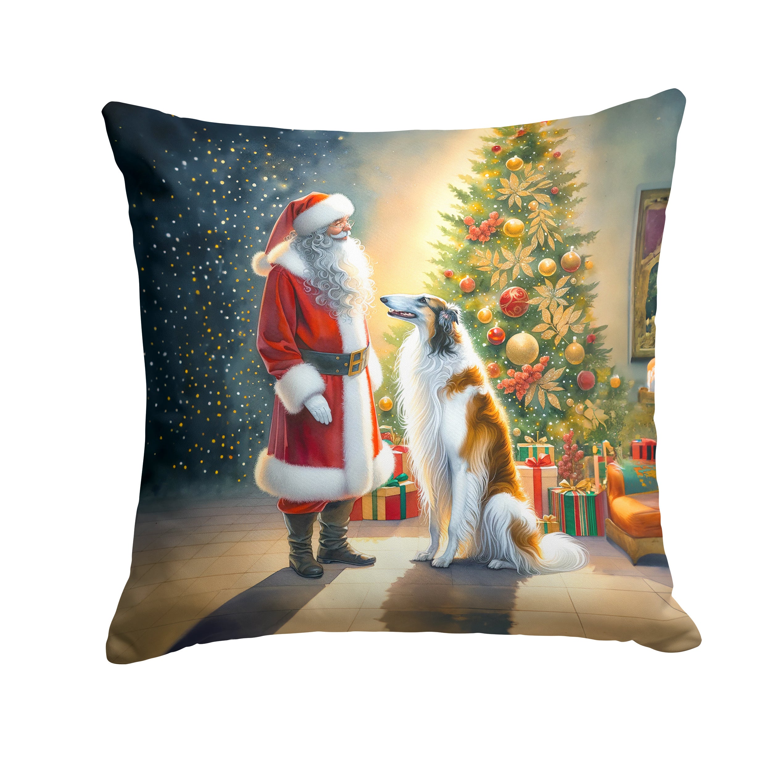 Borzoi and Santa Claus Throw Pillow Machine Washable, Indoor Outdoor Decorative Pillow for Couch, Bed or Patio, 14Hx14W