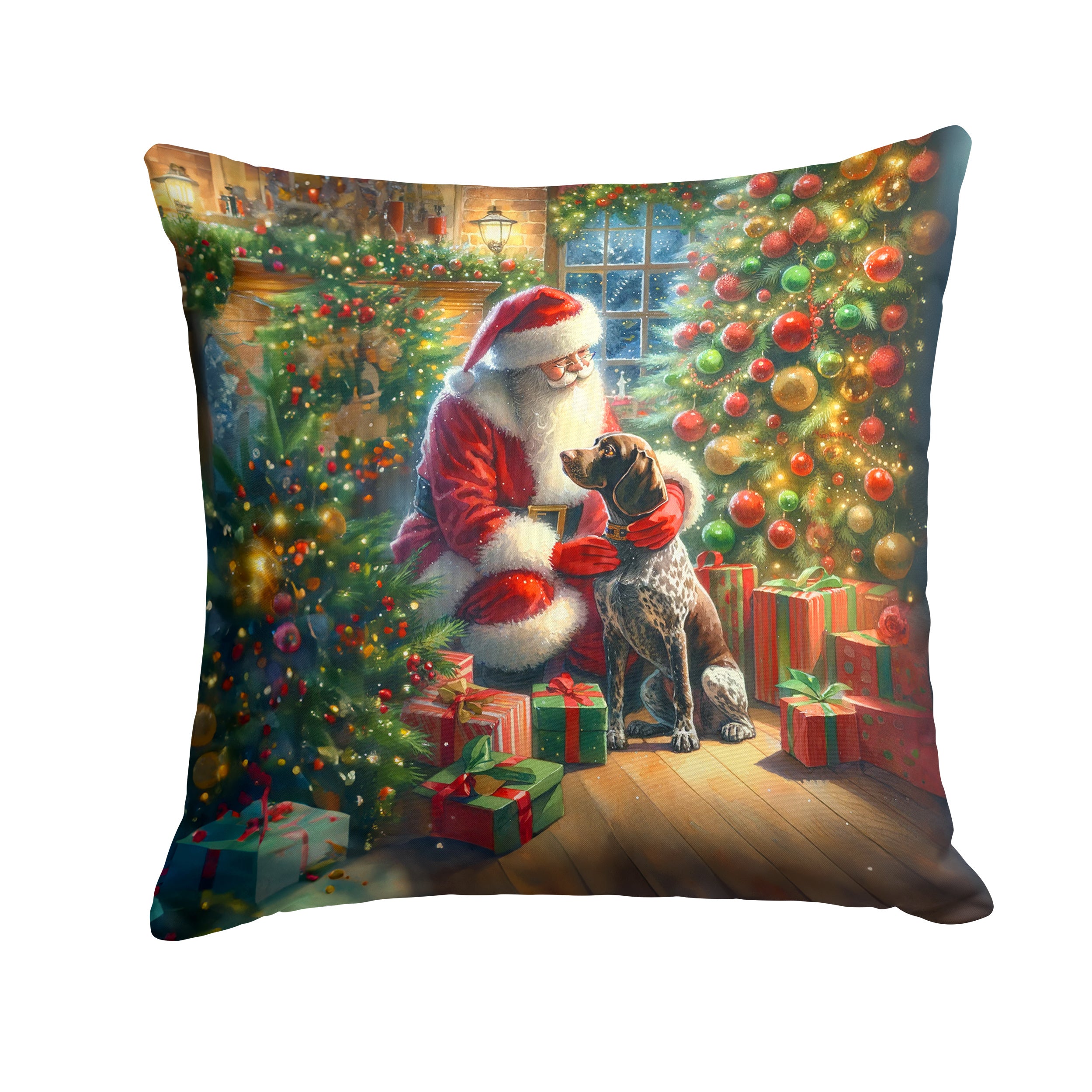 German Shorthaired Pointer and Santa Claus Throw Pillow Machine Washable, Indoor Outdoor Decorative Pillow for Couch, Bed or Patio, 14Hx14W