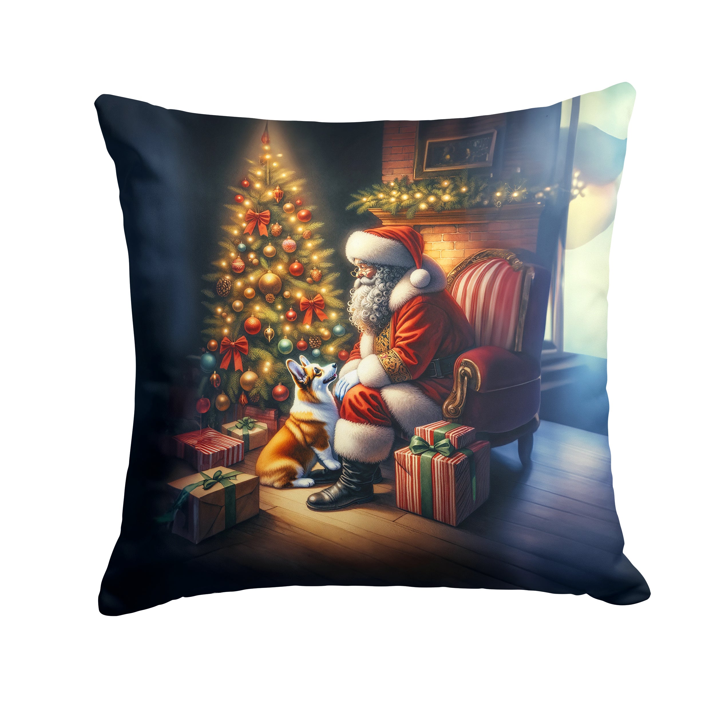 Corgi and Santa Claus Throw Pillow Machine Washable, Indoor Outdoor Decorative Pillow for Couch, Bed or Patio, 14Hx14W