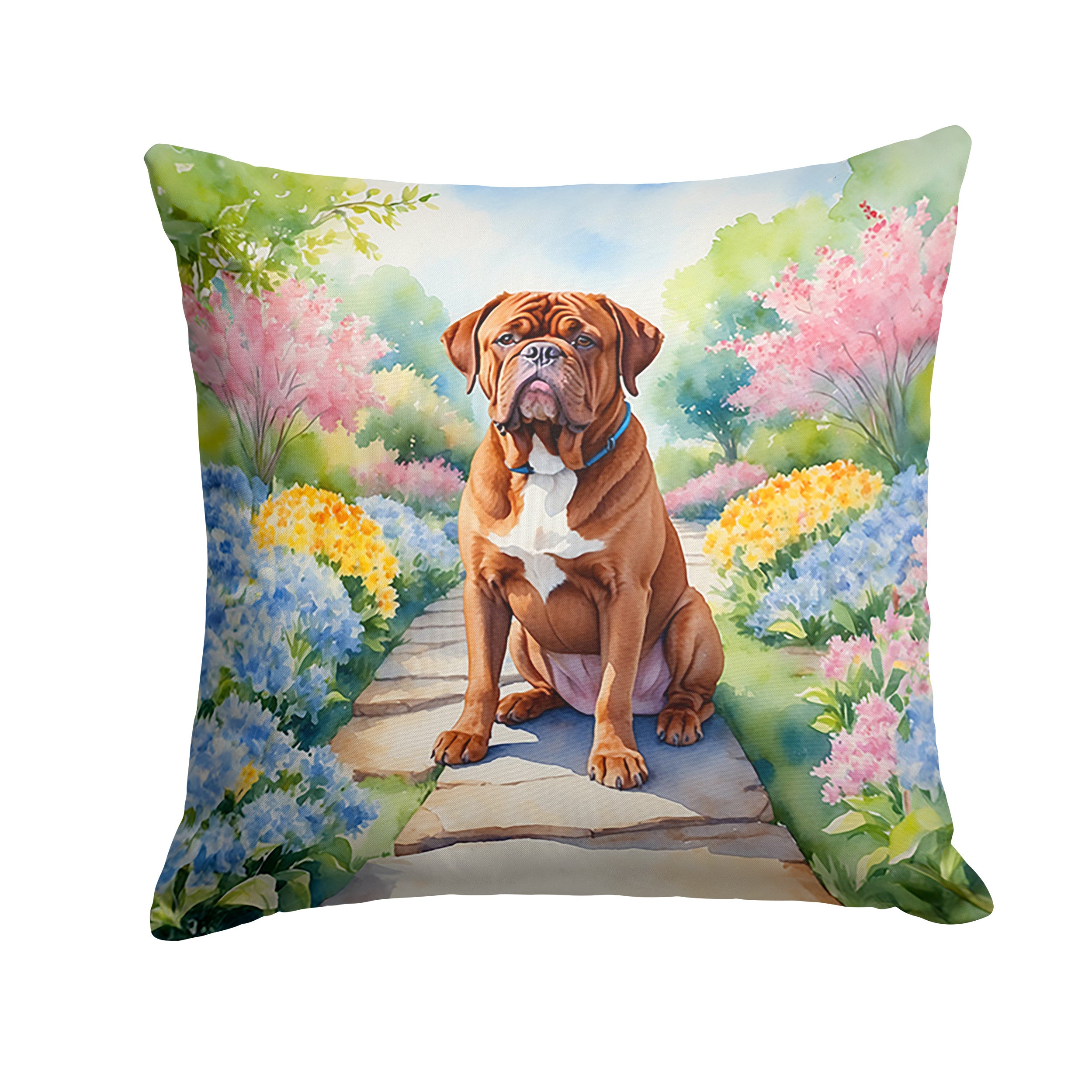 Dogue de Bordeaux Spring Path Throw Pillow Machine Washable, Indoor Outdoor Decorative Pillow for Couch, Bed or Patio, 14Hx14W