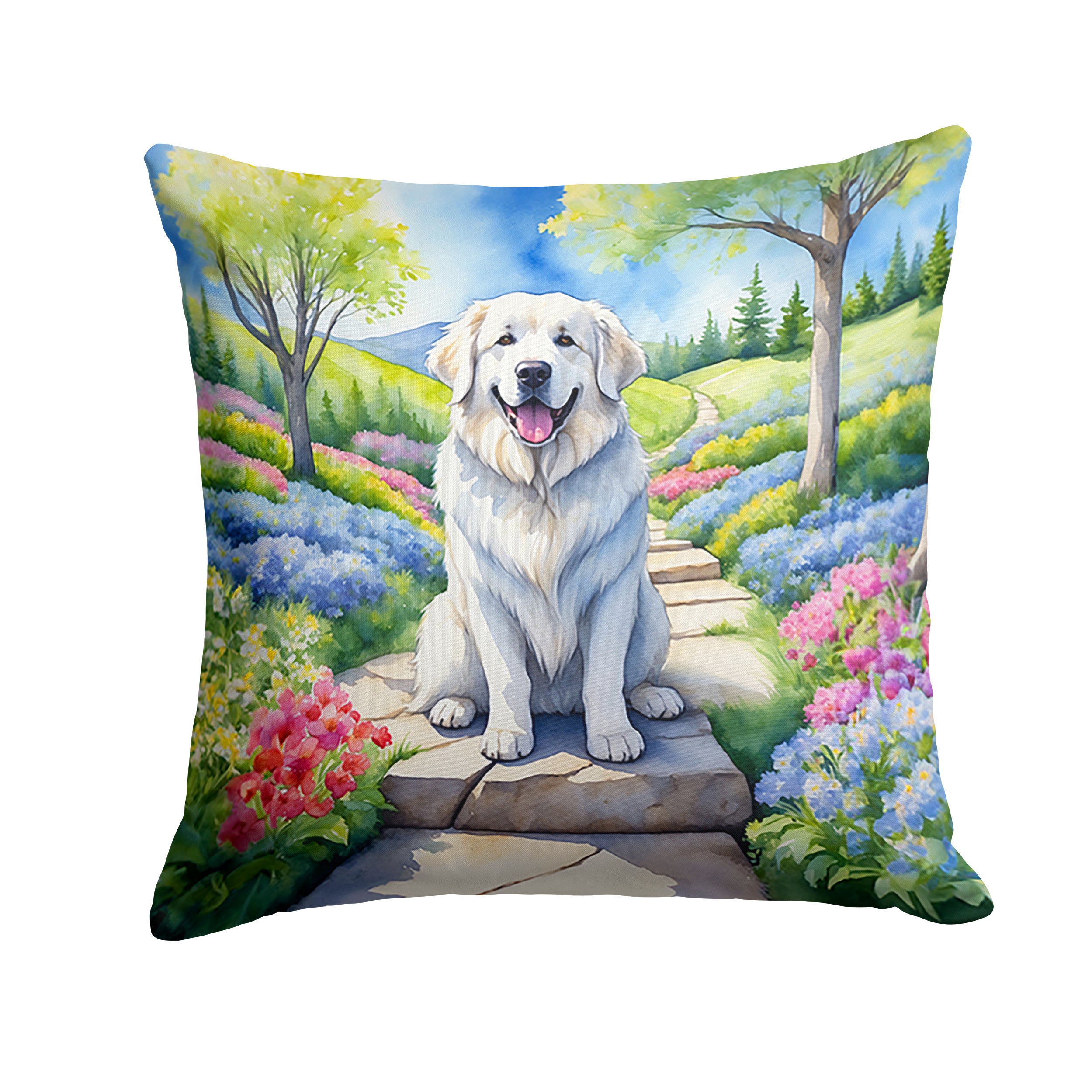 Great Pyrenees Spring Path Throw Pillow Machine Washable, Indoor Outdoor Decorative Pillow for Couch, Bed or Patio, 14Hx14W