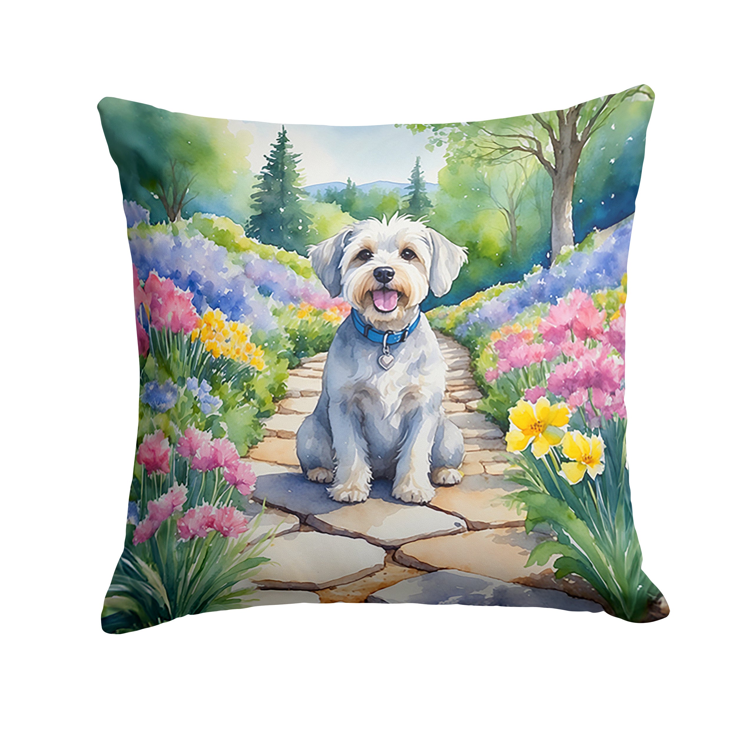 Dandie Dinmont Terrier Spring Path Throw Pillow Machine Washable, Indoor Outdoor Decorative Pillow for Couch, Bed or Patio, 14Hx14W